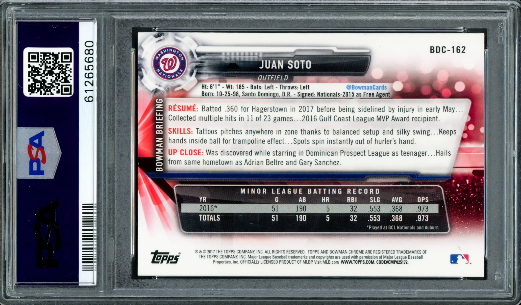 Juan Soto Autographed 2017 Bowman Draft Chrome Rookie Card #BDC162 New York Mets PSA 9 (Bubbling) PSA/DNA #61265680 - Image 2