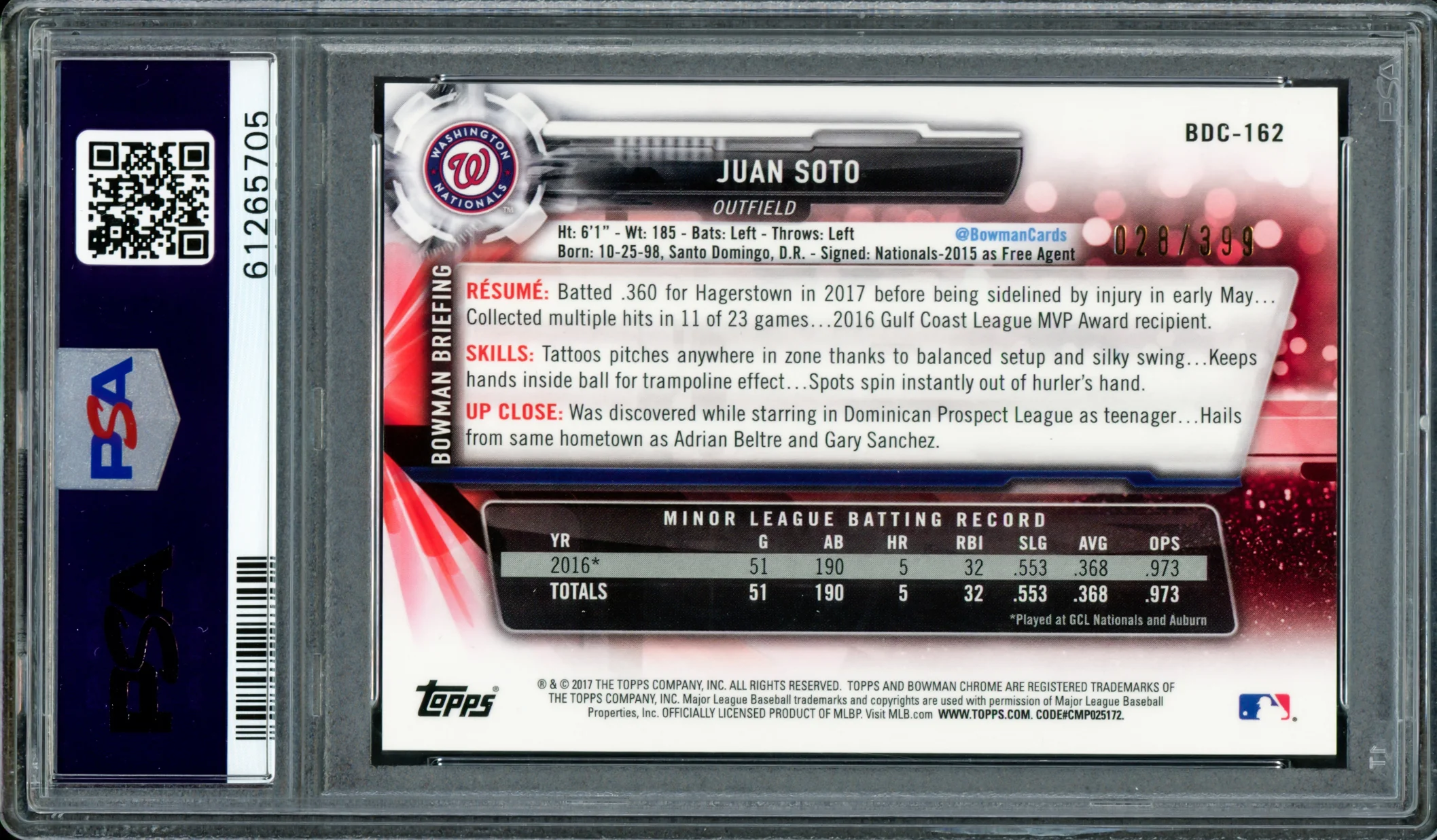 Juan Soto Autographed 2017 Bowman Draft Chrome Sky Blue Refractor Rookie Card #BDC162 New York Mets PSA 8 #28/399 PSA/DNA #61265705 - Image 2