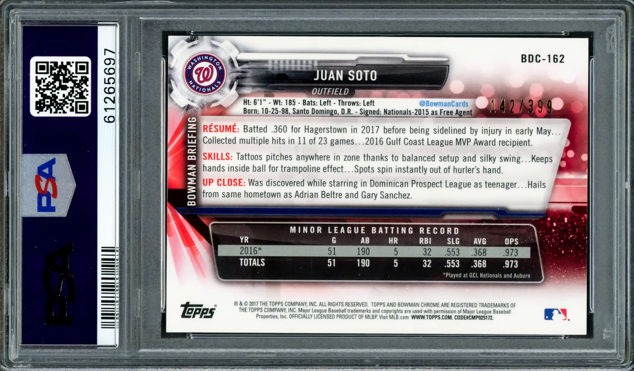 Juan Soto Autographed 2017 Bowman Draft Chrome Sky Blue Refractor Rookie Card #BDC162 New York Mets PSA 9 #142/399 PSA/DNA #61265697 - Image 2