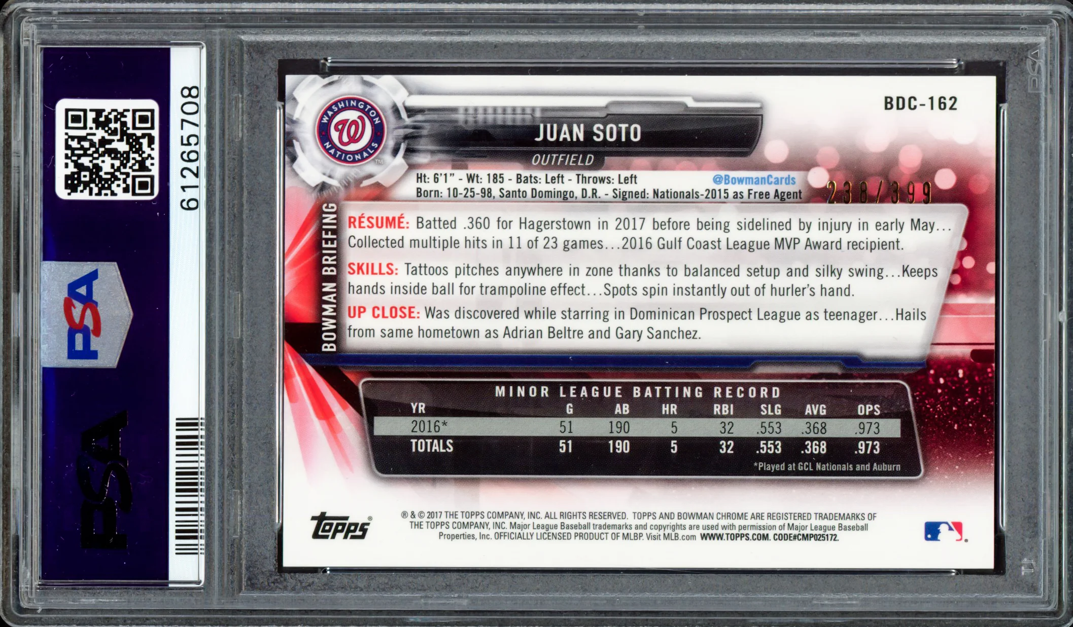 Juan Soto Autographed 2017 Bowman Draft Chrome Sky Blue Refractor Rookie Card #BDC162 New York Mets PSA 9 #238/399 PSA/DNA #61265708 - Image 4