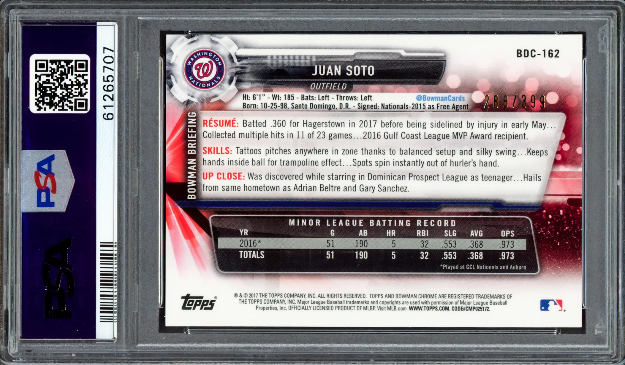 Juan Soto Autographed 2017 Bowman Draft Chrome Sky Blue Refractor Rookie Card #BDC162 New York Mets PSA 9 #288/399 PSA/DNA #61265707 - Image 4