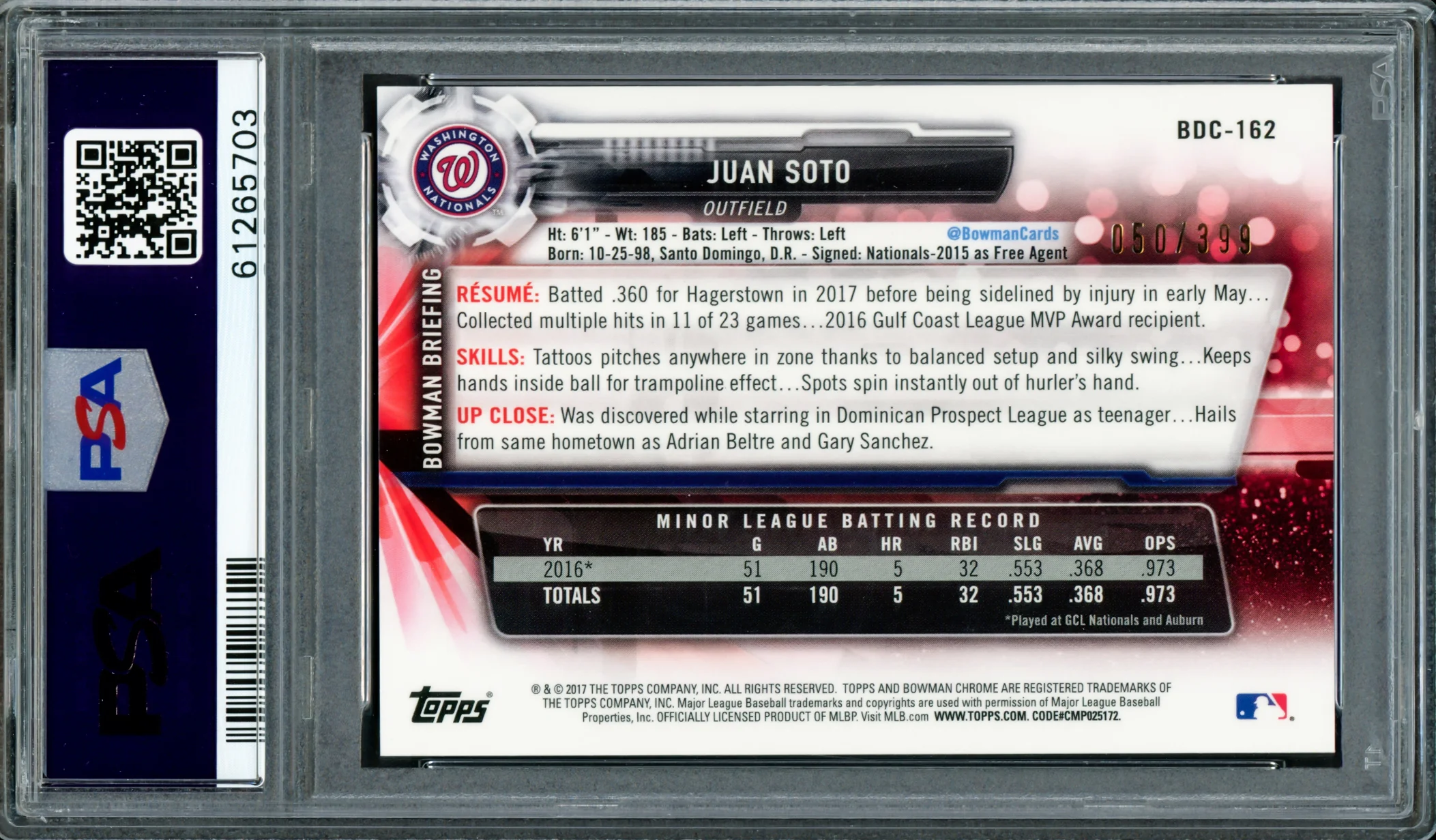 Juan Soto Autographed 2017 Bowman Draft Chrome Sky Blue Refractor Rookie Card #BDC162 New York Mets PSA 9 #50/399 PSA/DNA #61265703 - Image 2