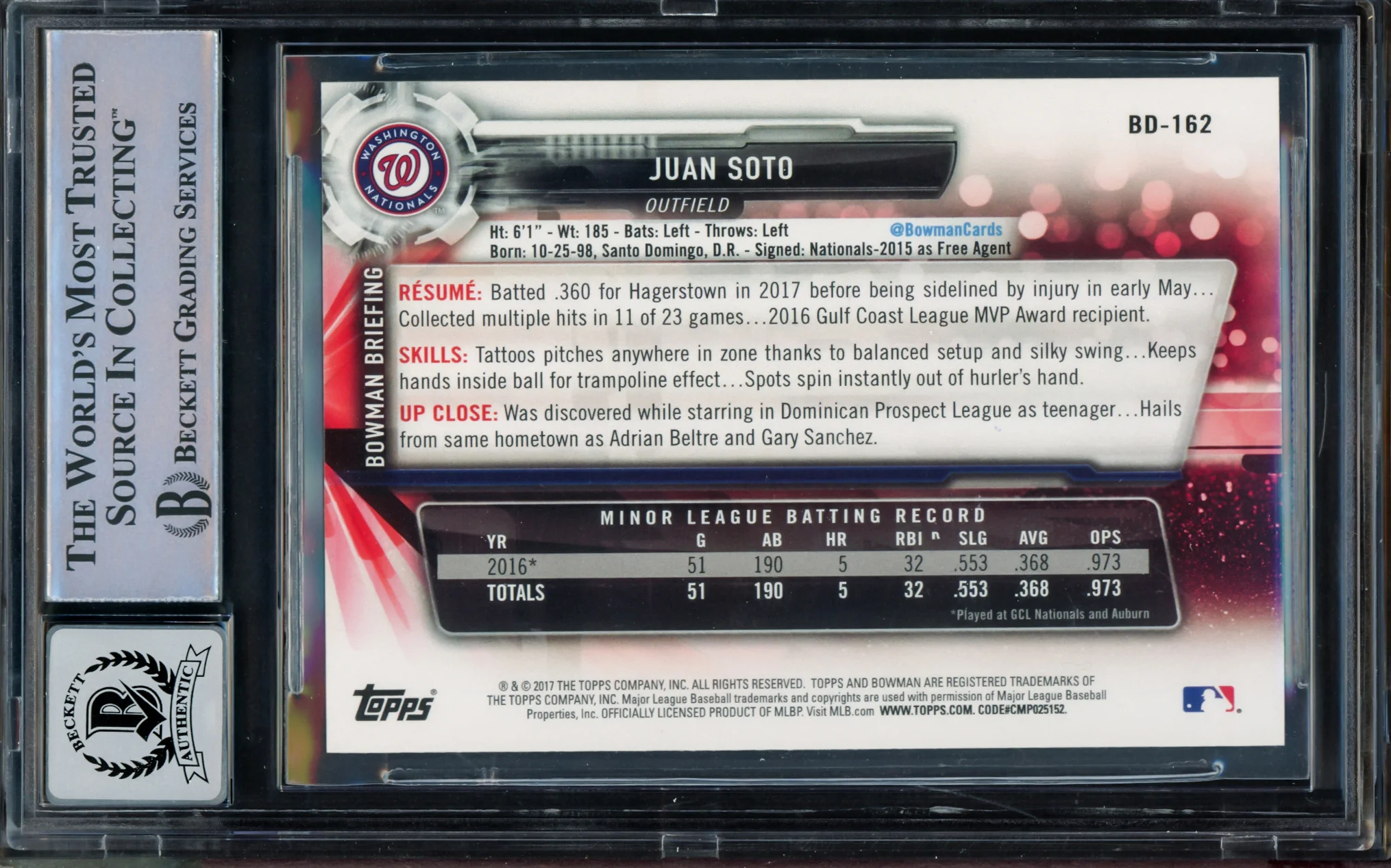 Juan Soto Autographed 2017 Bowman Draft Rookie Card #BD162 New York Mets BGS 9 Auto Grade Gem Mint 10 Beckett BAS Stock #211849 - Image 2