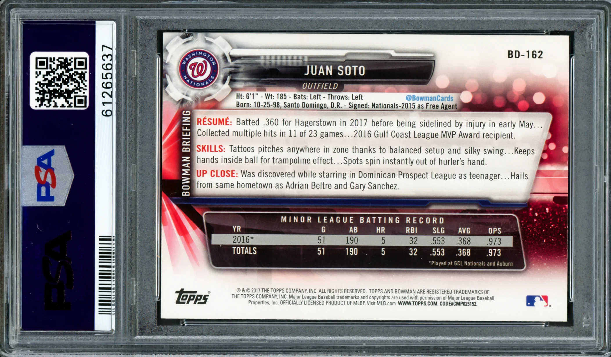 Juan Soto Autographed 2017 Bowman Draft Rookie Card #BDC162 New York Mets PSA 10 PSA/DNA #61265637 - Image 2