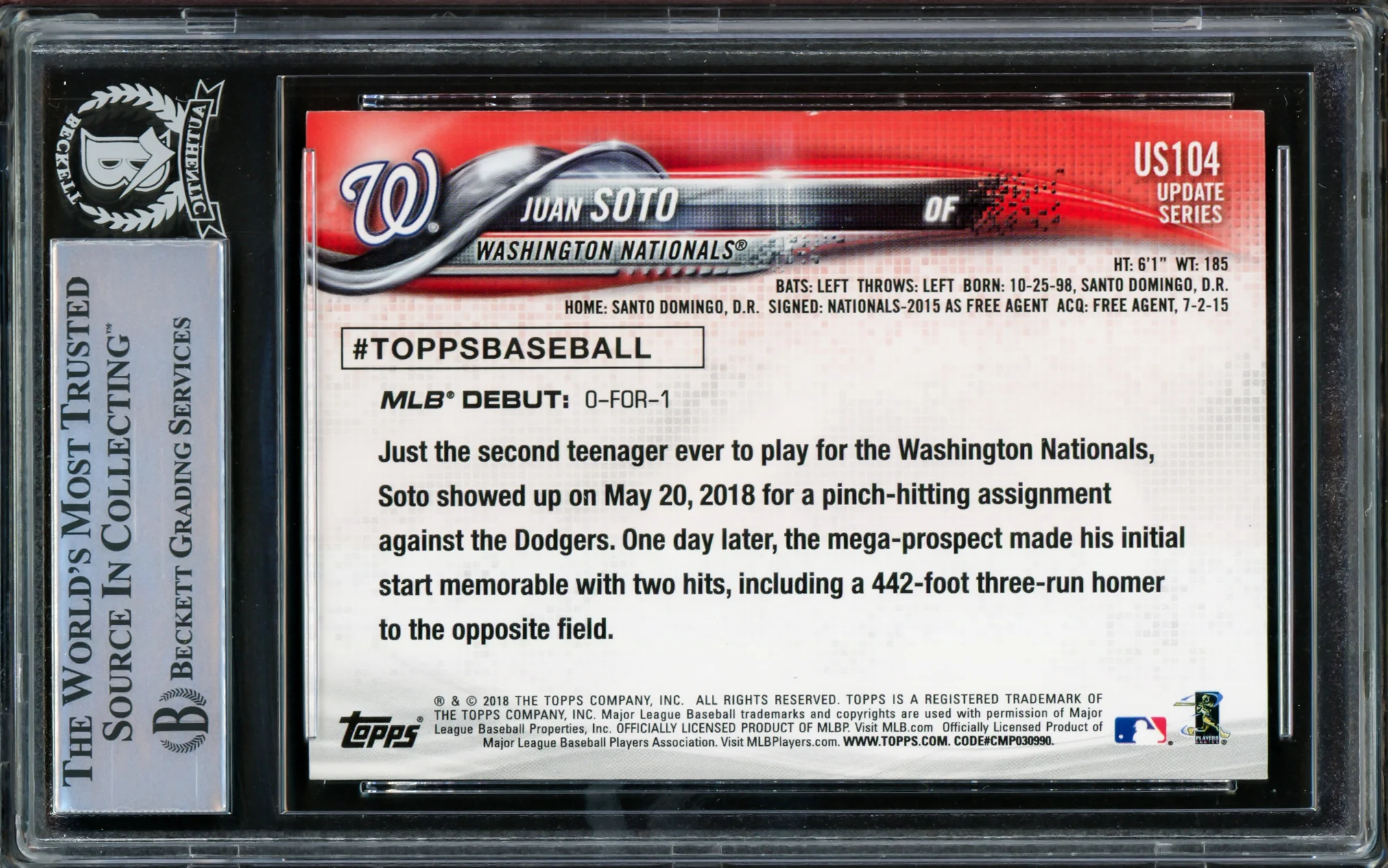 Juan Soto Autographed 2018 Topps Update Rookie Card #US104 New York Mets Beckett BAS #15781560 - Image 2