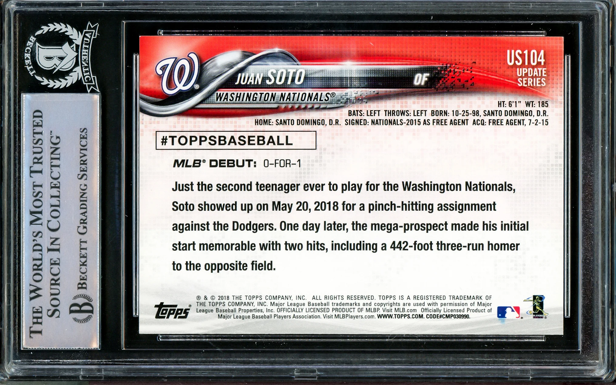 Juan Soto Autographed 2018 Topps Update Rookie Card #US104 New York Mets Beckett BAS Stock #206608 - Image 2