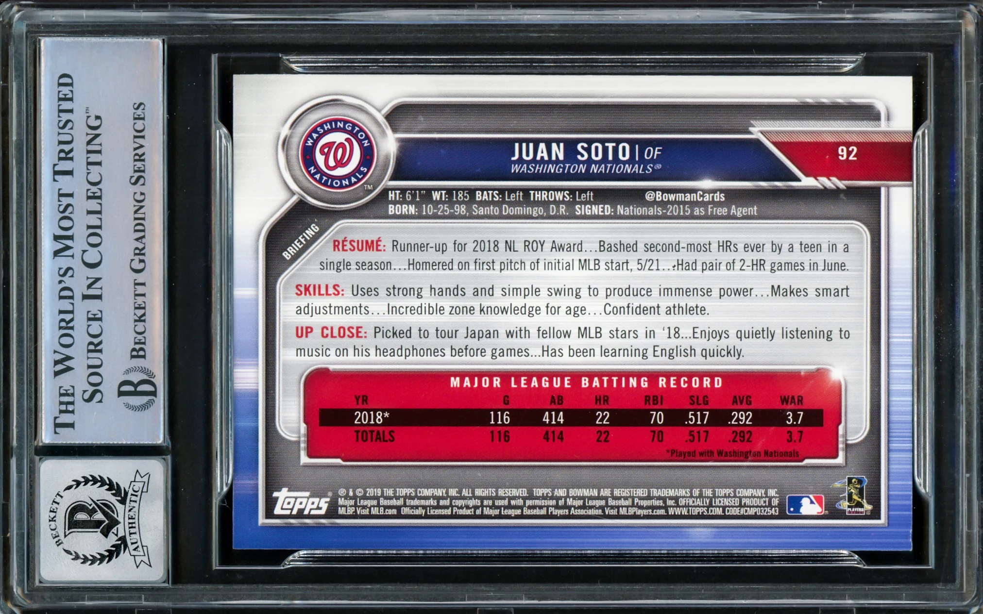 Juan Soto Autographed 2019 Bowman Card #92 New York Mets Auto Grade Gem Mint 10 Beckett BAS Stock #218665 - Image 2
