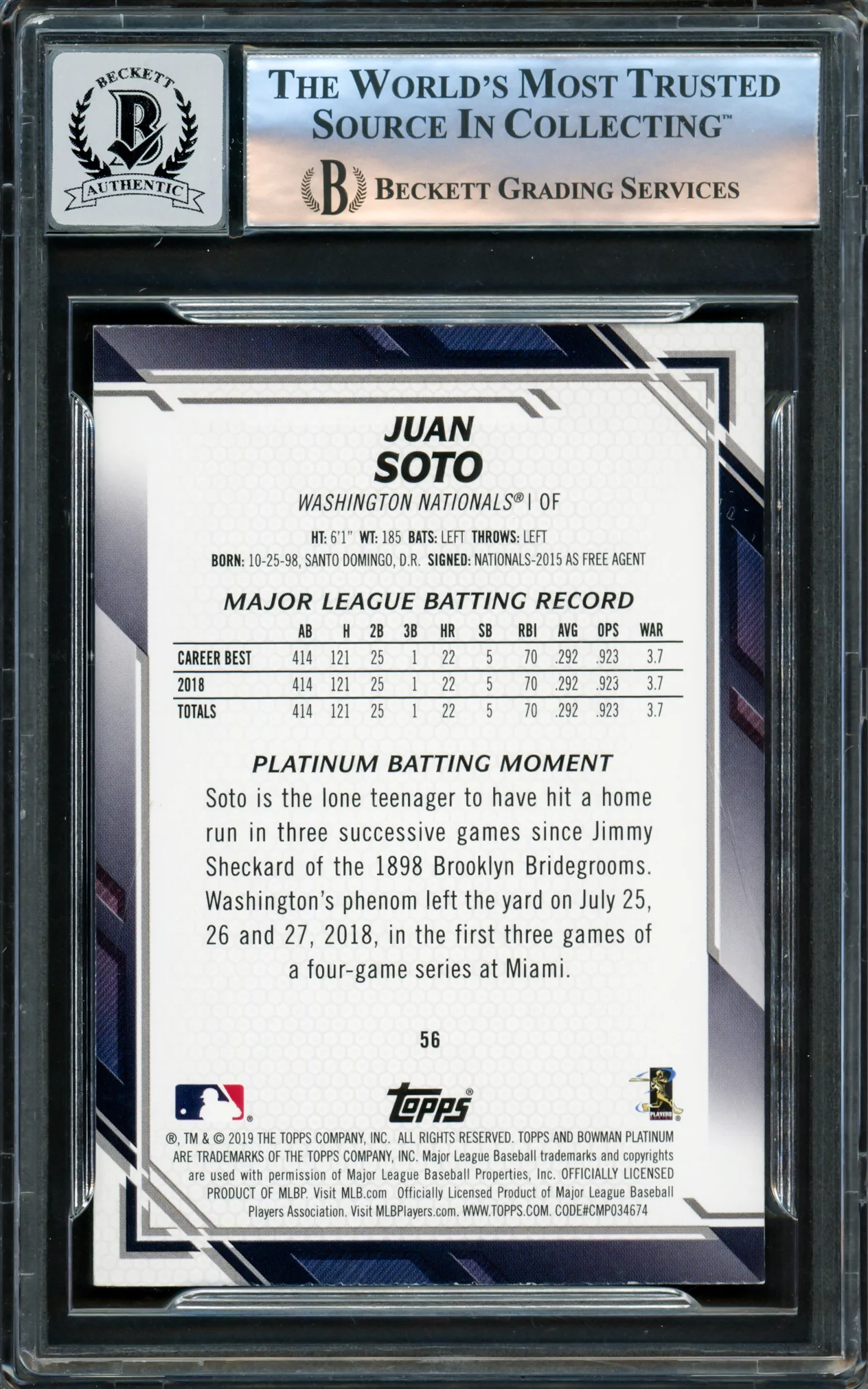 Juan Soto Autographed 2019 Bowman Platinum Card #56 New York Mets Auto Grade Gem Mint 10 Beckett BAS Stock #220802 - Image 2