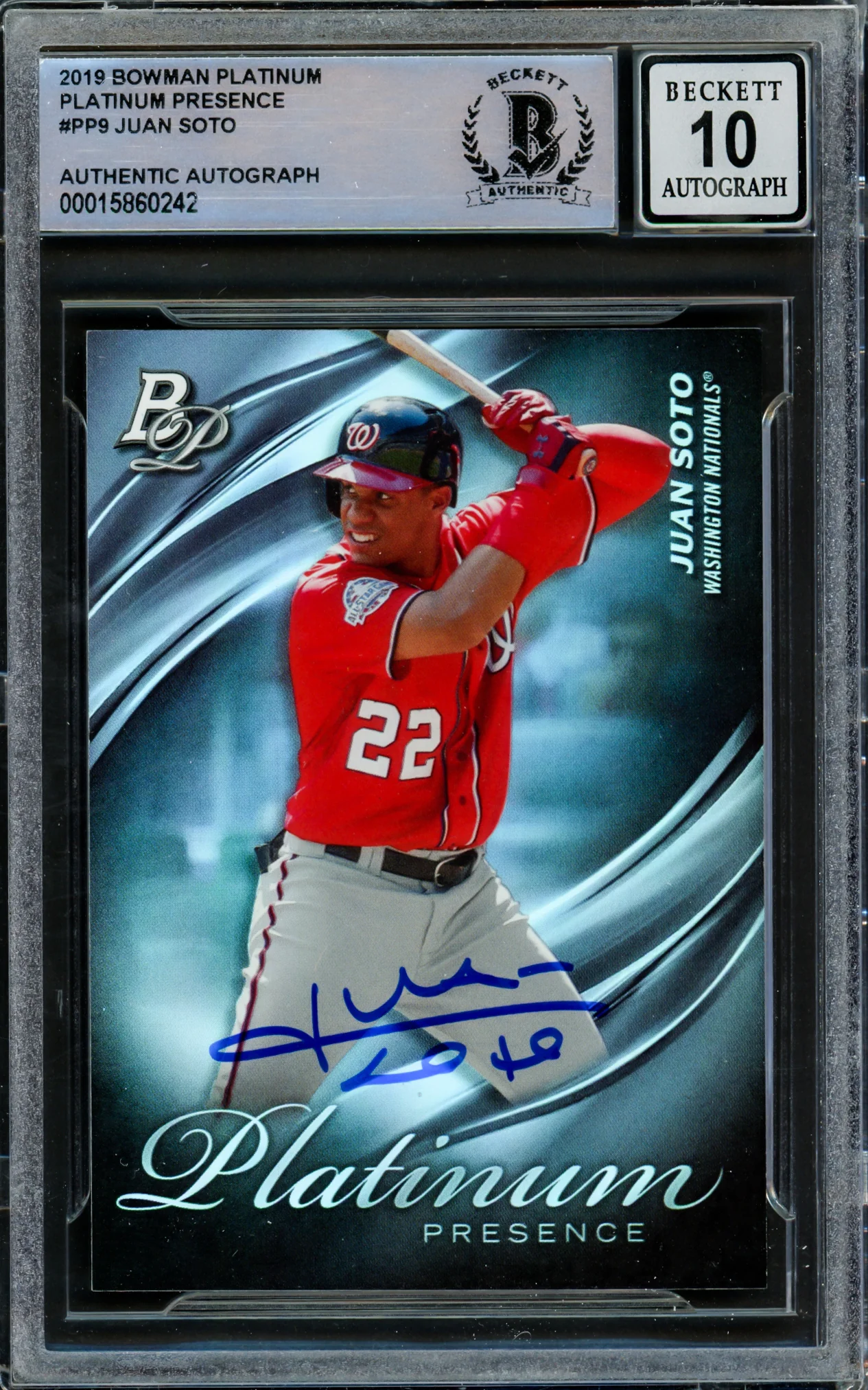 Juan Soto Autographed 2019 Bowman Platinum Presence Card #PP-9 New York Mets Auto Grade Gem Mint 10 Beckett BAS #15860242