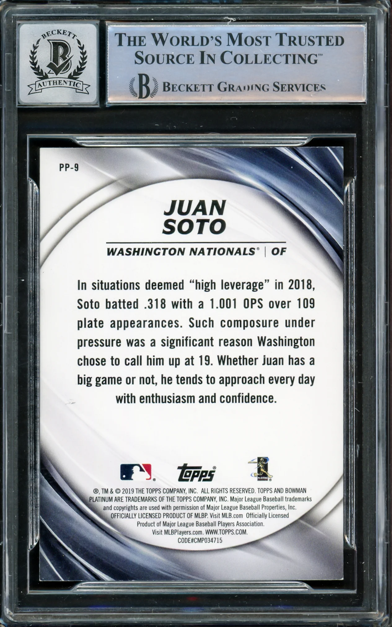 Juan Soto Autographed 2019 Bowman Platinum Presence Card #PP-9 New York Mets Auto Grade Gem Mint 10 Beckett BAS #15860242 - Image 2