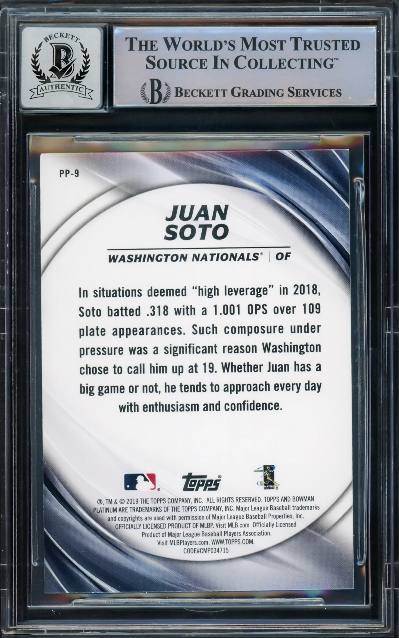 Juan Soto Autographed 2019 Bowman Platinum Presence Card #PP9 New York Mets Auto Grade Gem Mint 10 Beckett BAS #15773777 - Image 2
