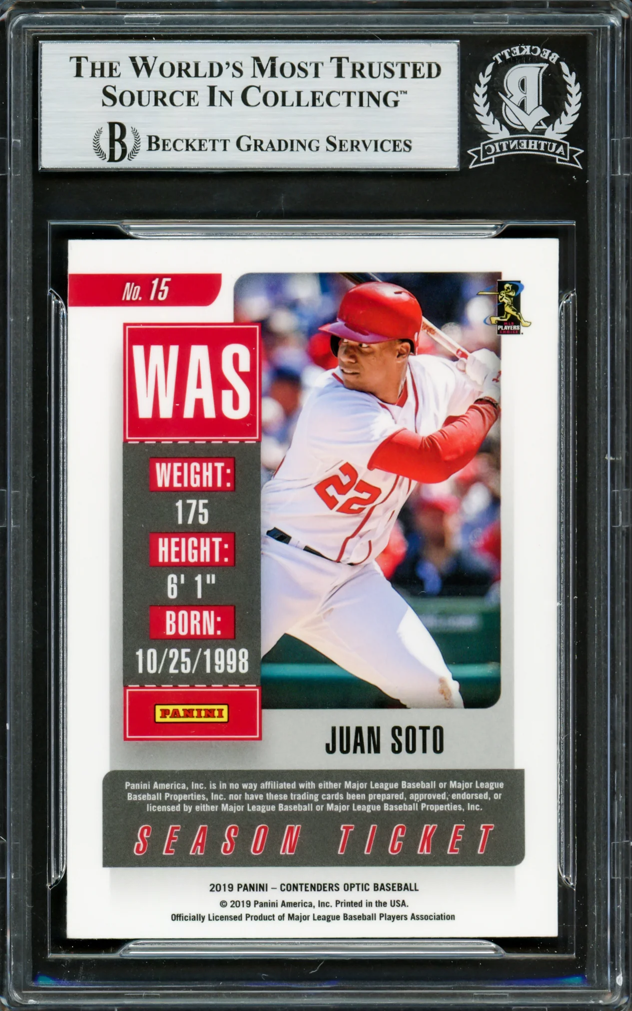 Juan Soto Autographed 2019 Contenders Optic Card #15 New York Mets Beckett BAS #16703910 - Image 2