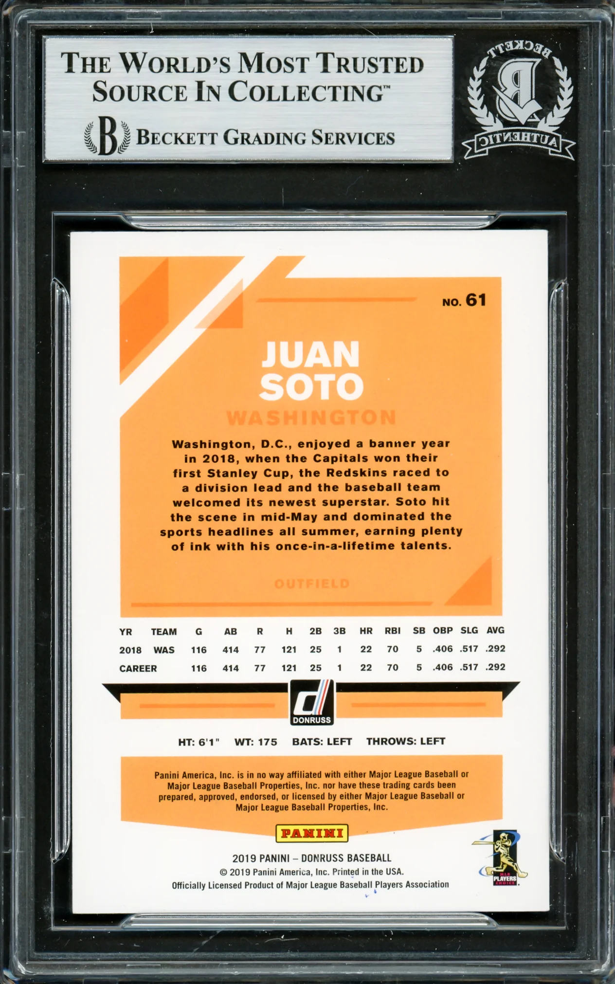 Juan Soto Autographed 2019 Donruss Card #61 New York Mets Beckett BAS Stock #228027 - Image 2