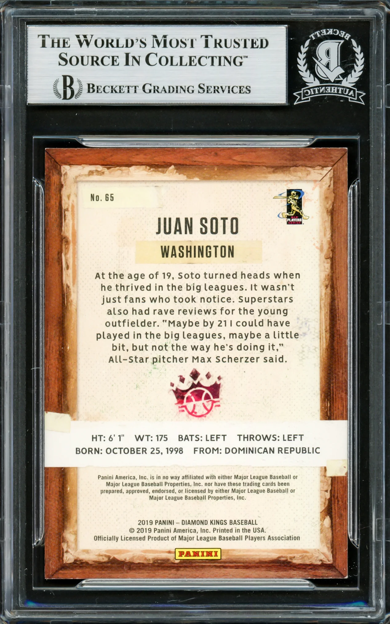 Juan Soto Autographed 2019 Donruss Diamond Kings Card #65 New York Mets Beckett BAS Stock #228028 - Image 2