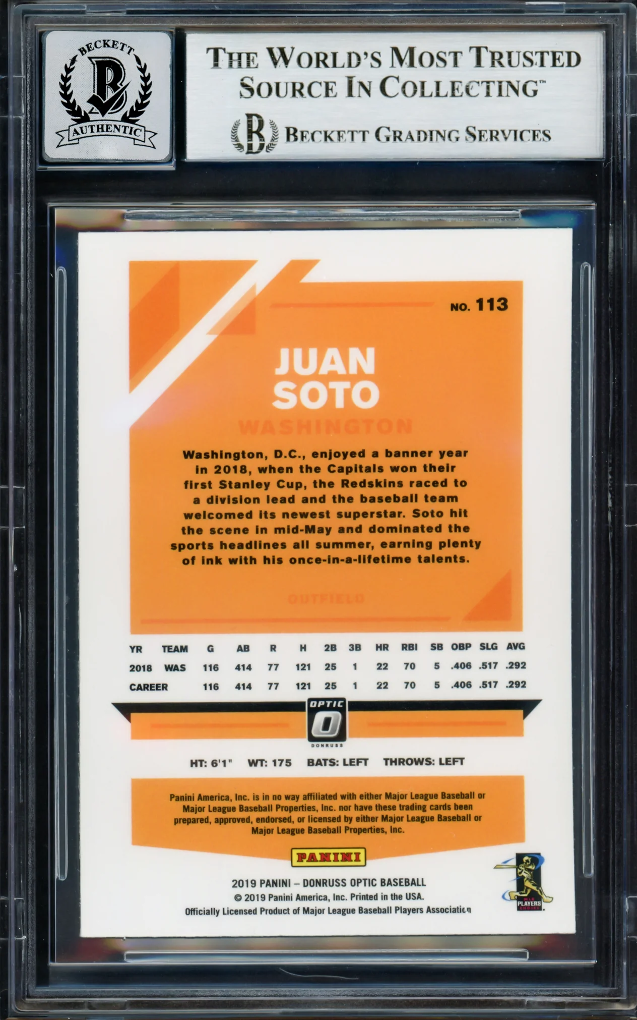 Juan Soto Autographed 2019 Donruss Optic Card #113 New York Mets Auto Grade Gem Mint 10 Beckett BAS #17039202 - Image 4