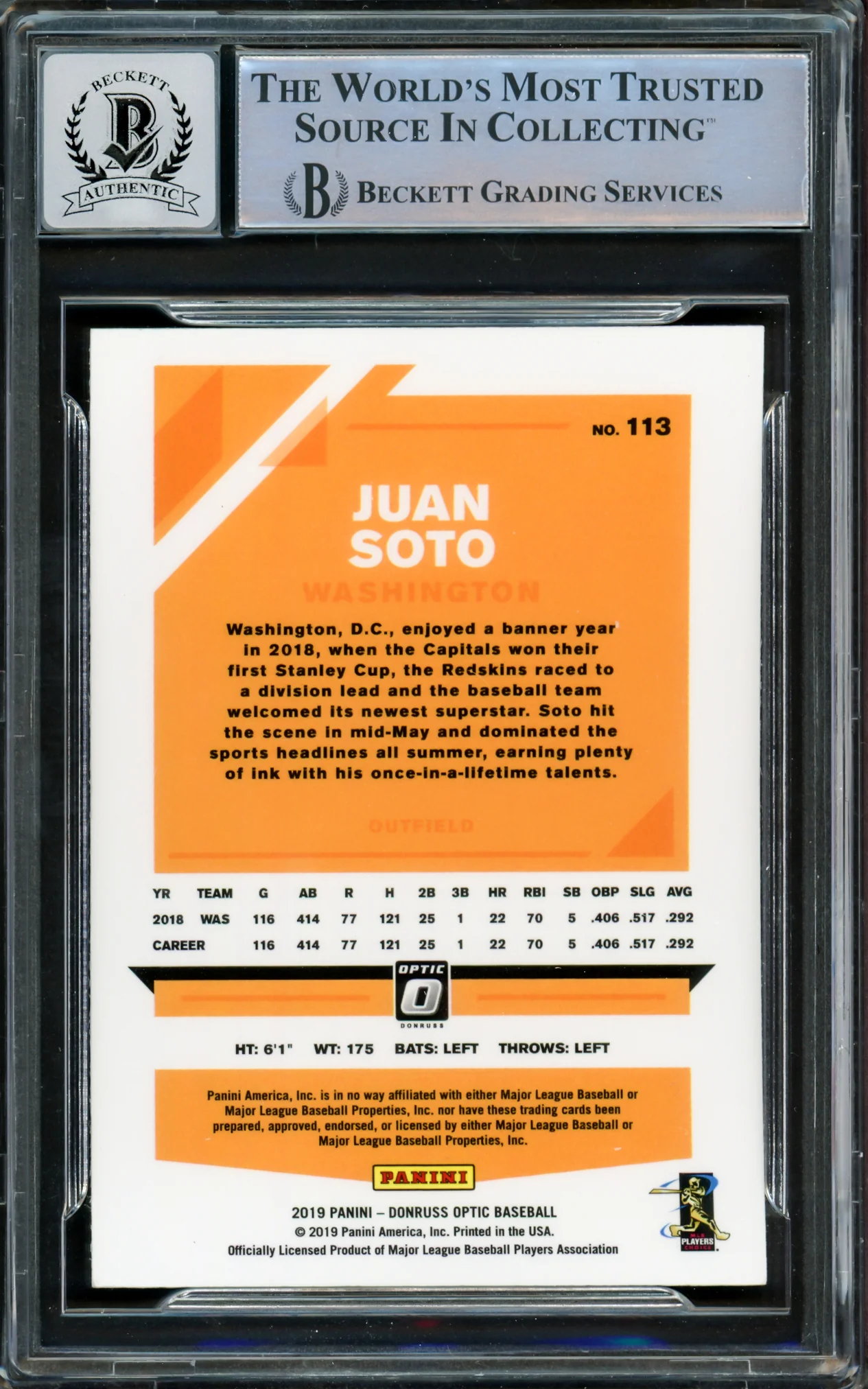 Juan Soto Autographed 2019 Donruss Optic Card #113 New York Mets Auto Grade Gem Mint 10 Beckett BAS #15860248 - Image 2