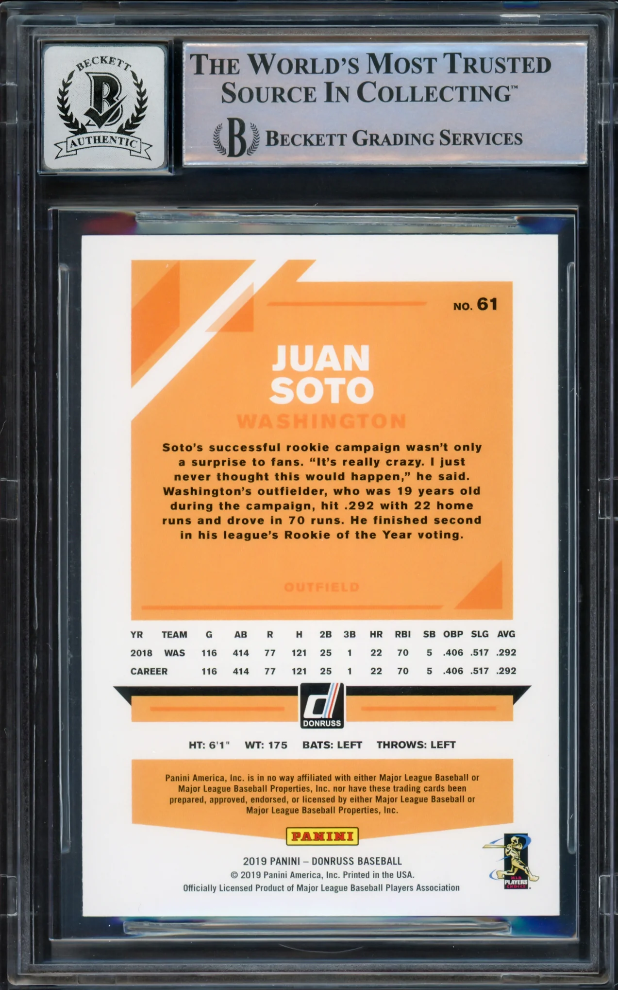 Juan Soto Autographed 2019 Donruss Variation Card #61 New York Mets Auto Grade Gem Mint 10 Beckett BAS #16544360 - Image 2