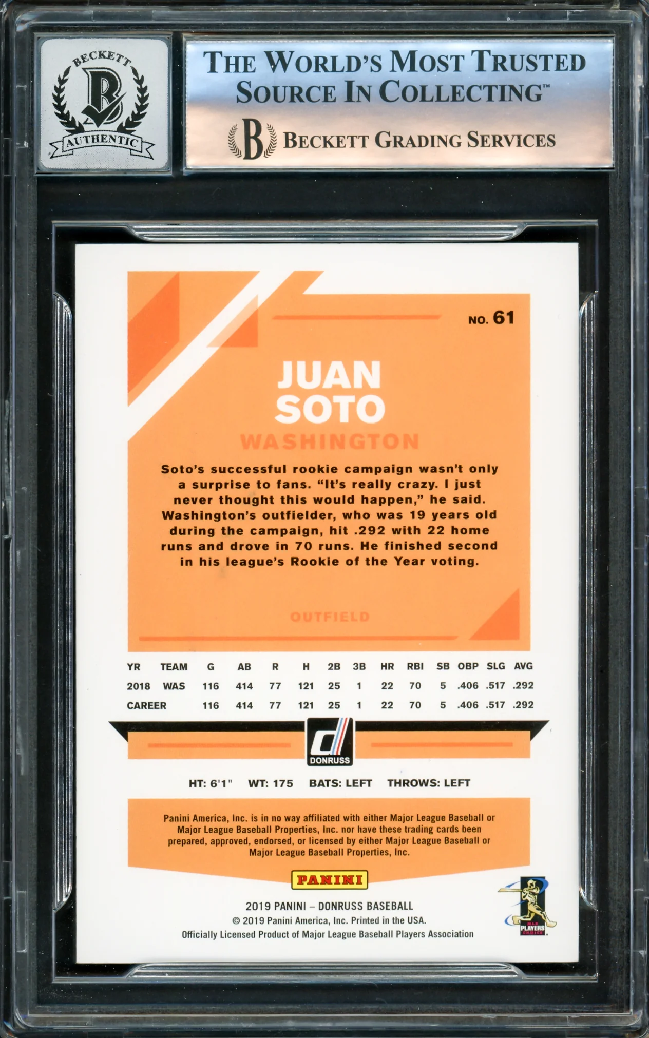Juan Soto Autographed 2019 Donruss Variations Card #61 New York Mets Auto Grade Gem Mint 10 Beckett BAS #16172673 - Image 2