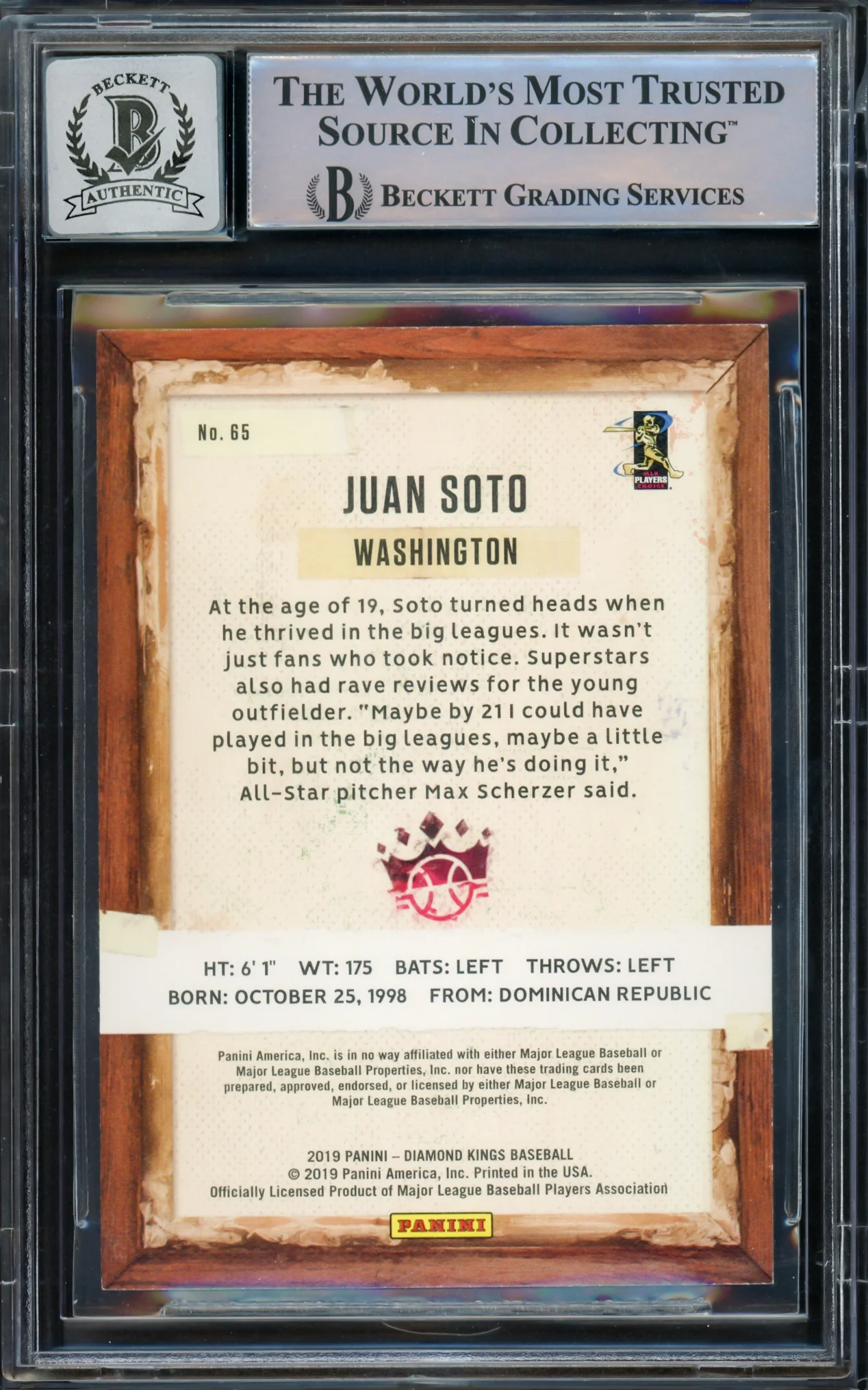 Juan Soto Autographed 2019 Panini Diamond Kings Card #65 New York Mets Auto Grade Gem Mint 10 Beckett BAS #15773783 - Image 2