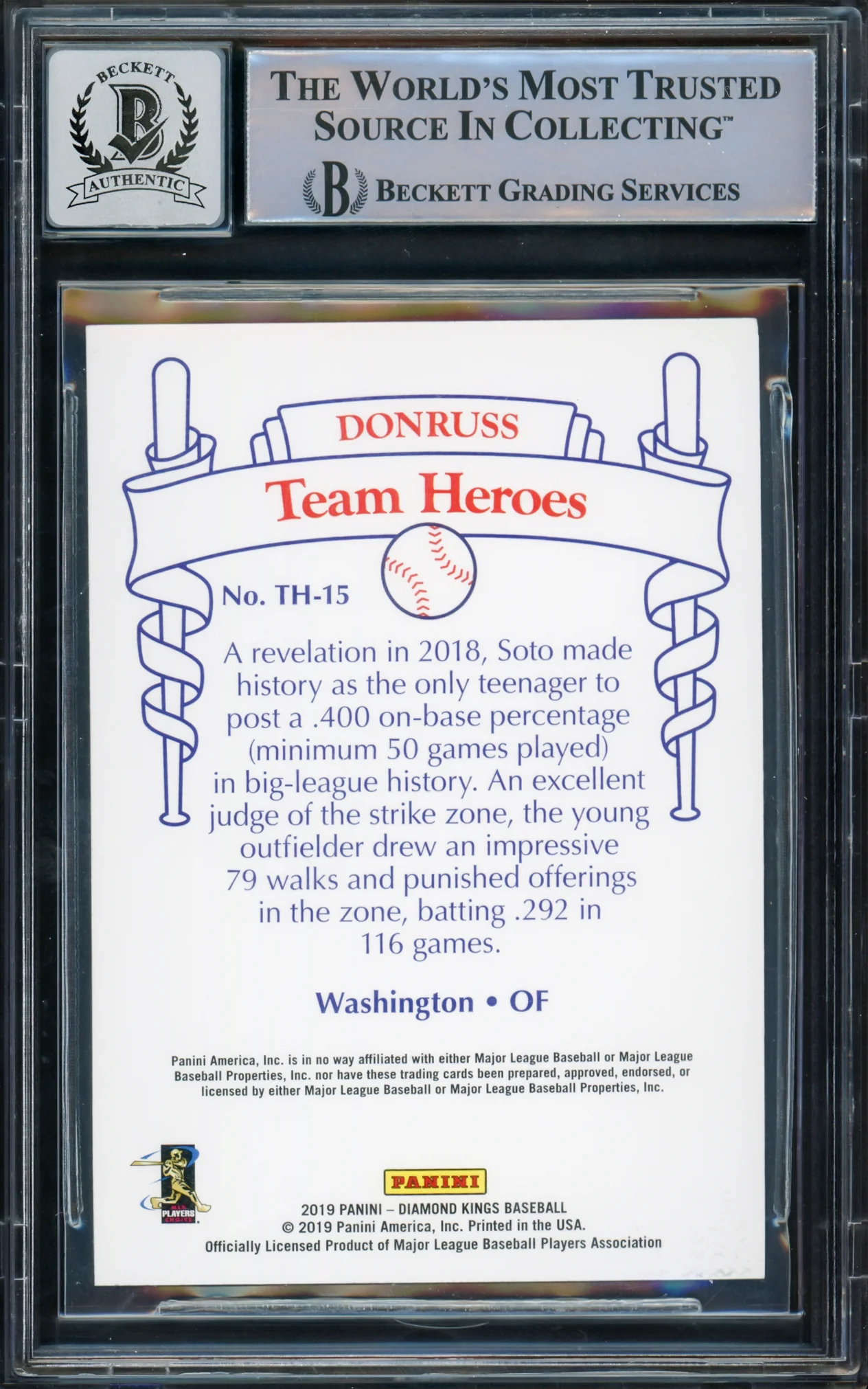 Juan Soto Autographed 2019 Panini Diamond Kings Card #TH15 New York Mets Auto Grade Gem Mint 10 Beckett BAS #15773782 - Image 2