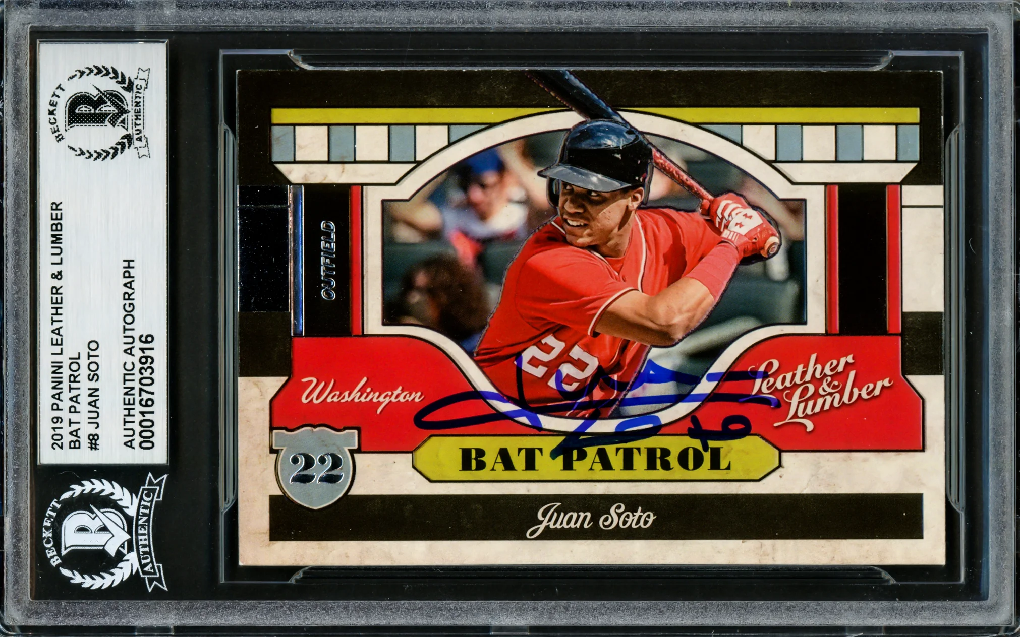 Juan Soto Autographed 2019 Panini Leather & Lumber Bat Patrol Card #BP8 New York Mets Beckett BAS #16703916