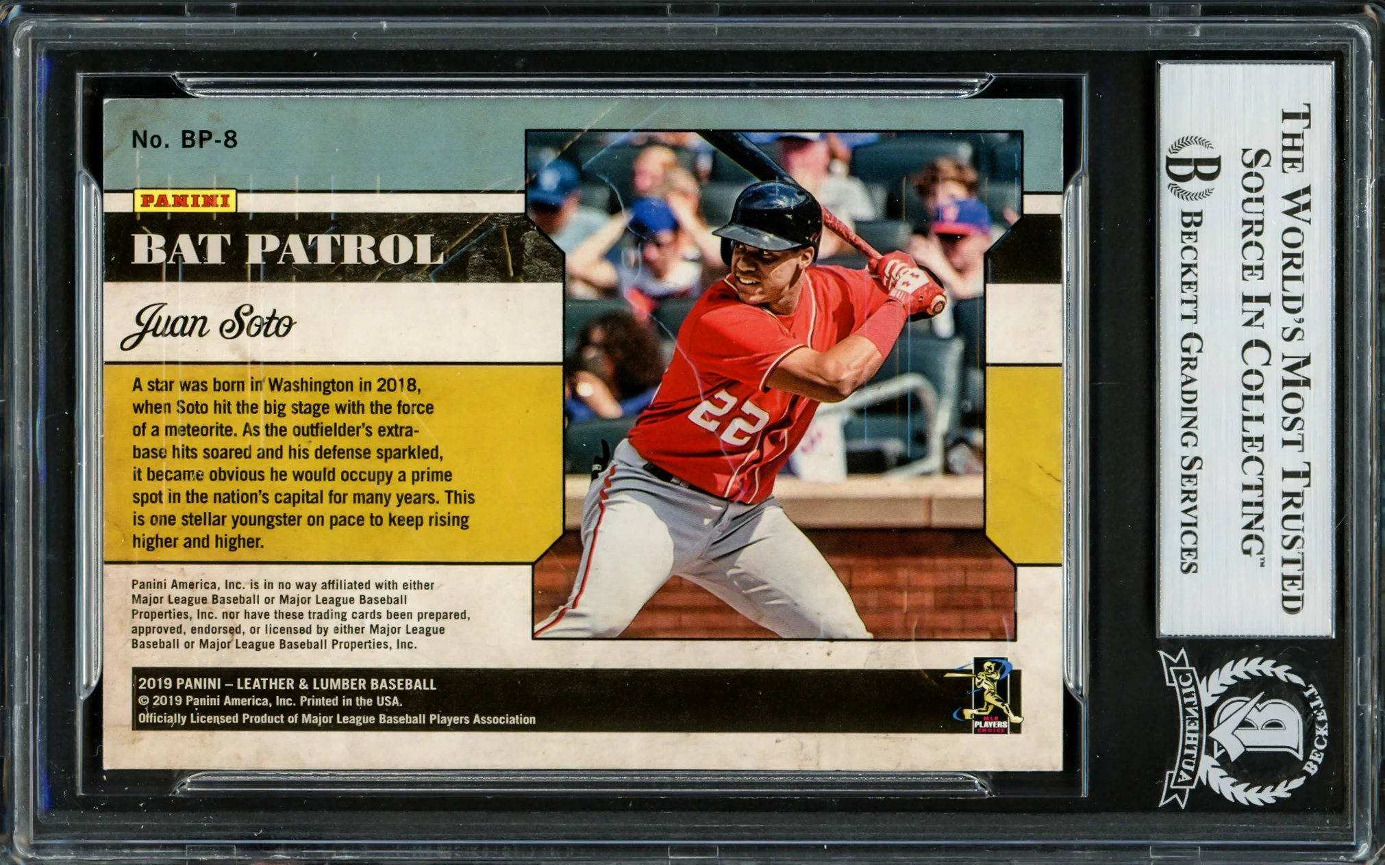 Juan Soto Autographed 2019 Panini Leather & Lumber Bat Patrol Card #BP8 New York Mets Beckett BAS #16703916 - Image 2
