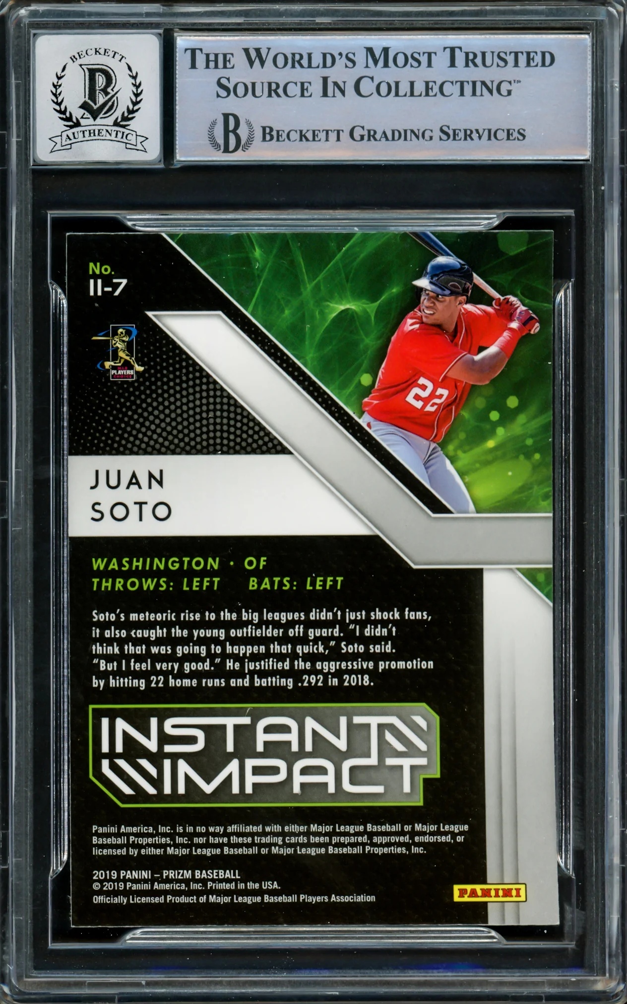 Juan Soto Autographed 2019 Panini Prizm Instant Impact Card #II-7 New York Mets Auto Grade Gem Mint 10 Beckett BAS #15860291 - Image 2