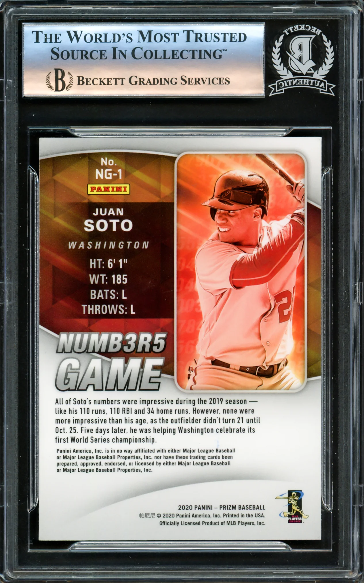 Juan Soto Autographed 2019 Prizm Numbers Game Card #NG-1 New York Mets Beckett BAS #16177816 - Image 2