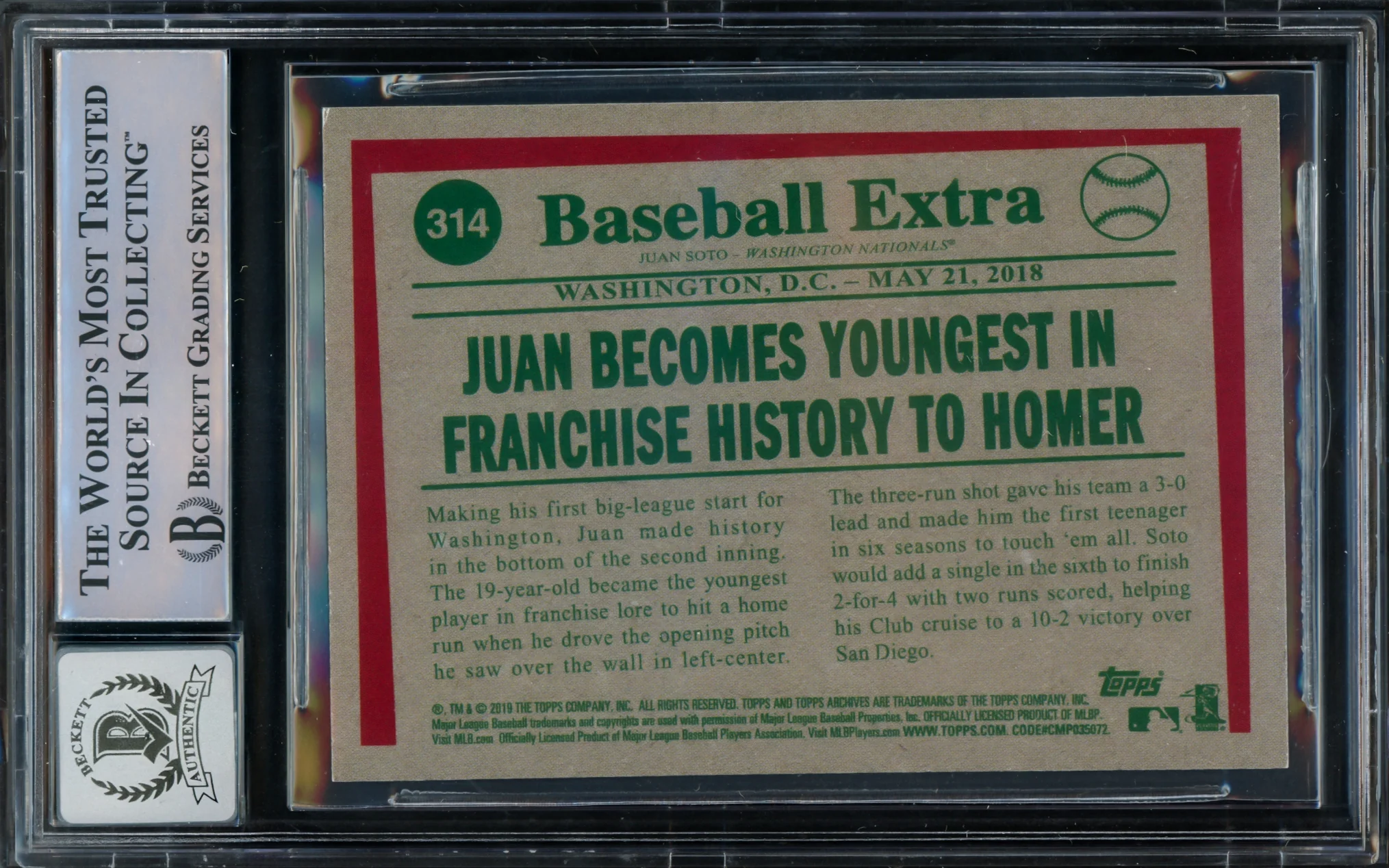 Juan Soto Autographed 2019 Topps Archives Card #314 New York Mets Auto Grade Gem Mint 10 Beckett BAS #15773798 - Image 2