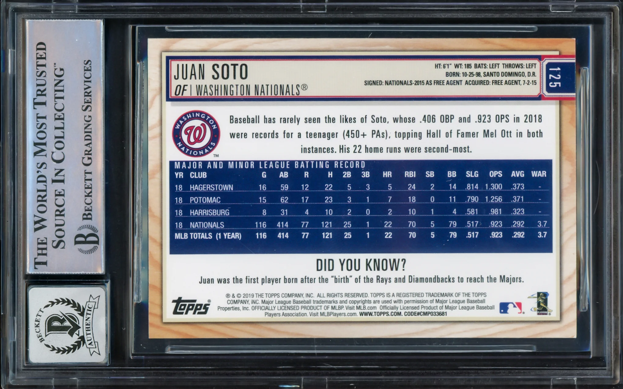 Juan Soto Autographed 2019 Topps Big League Card #125 New York Mets Auto Grade Gem Mint 10 Beckett BAS #16544366 - Image 2