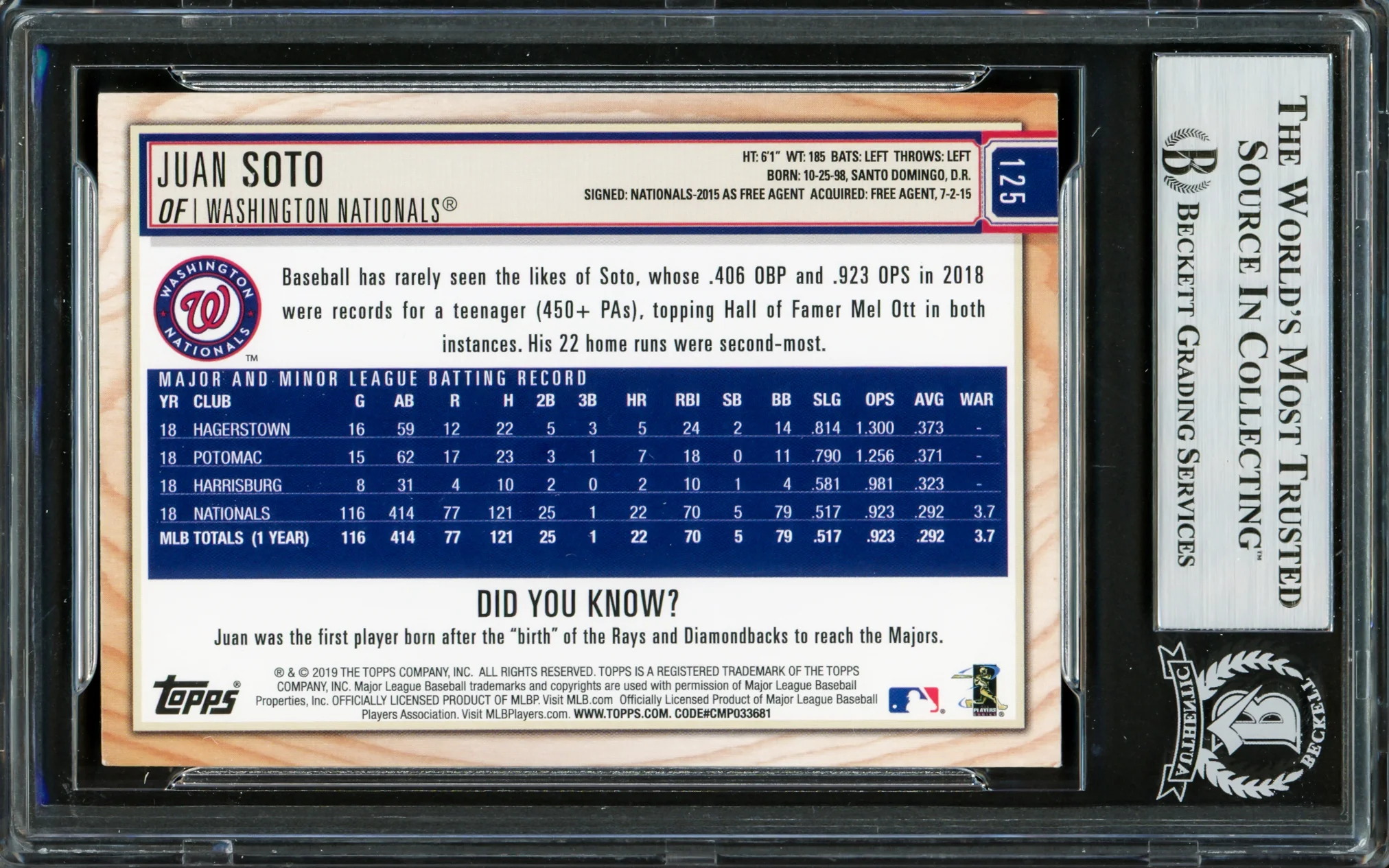 Juan Soto Autographed 2019 Topps Big League Card #125 New York Mets Beckett BAS Stock #228029 - Image 2