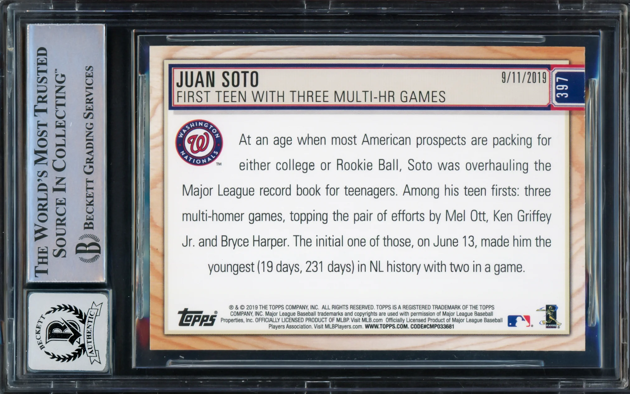 Juan Soto Autographed 2019 Topps Big League Card #397 New York Mets Auto Grade Gem Mint 10 Beckett BAS #16544365 - Image 2