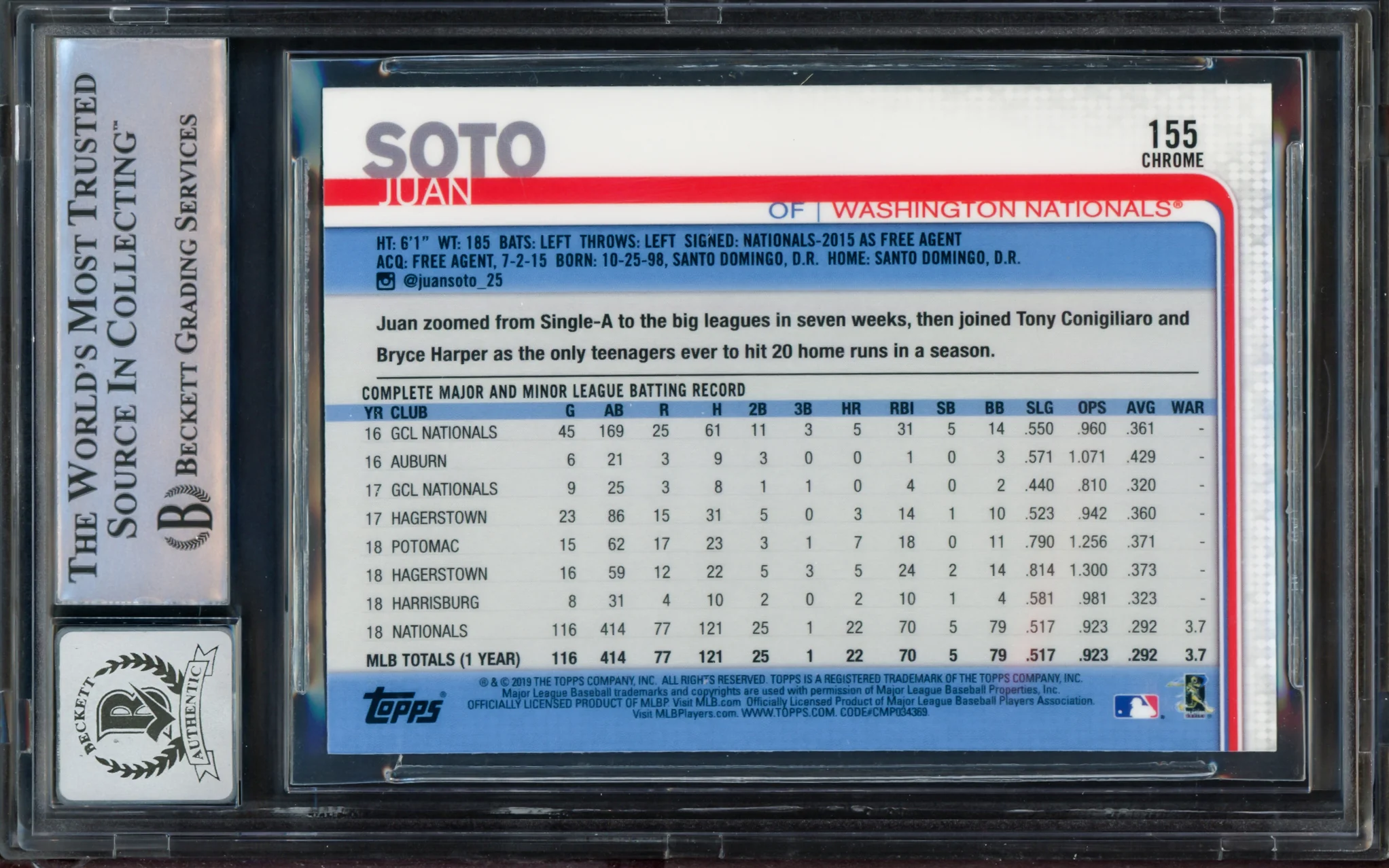 Juan Soto Autographed 2019 Topps Chrome Card #155 New York Mets Auto Grade Gem Mint 10 Beckett BAS #14235343 - Image 2