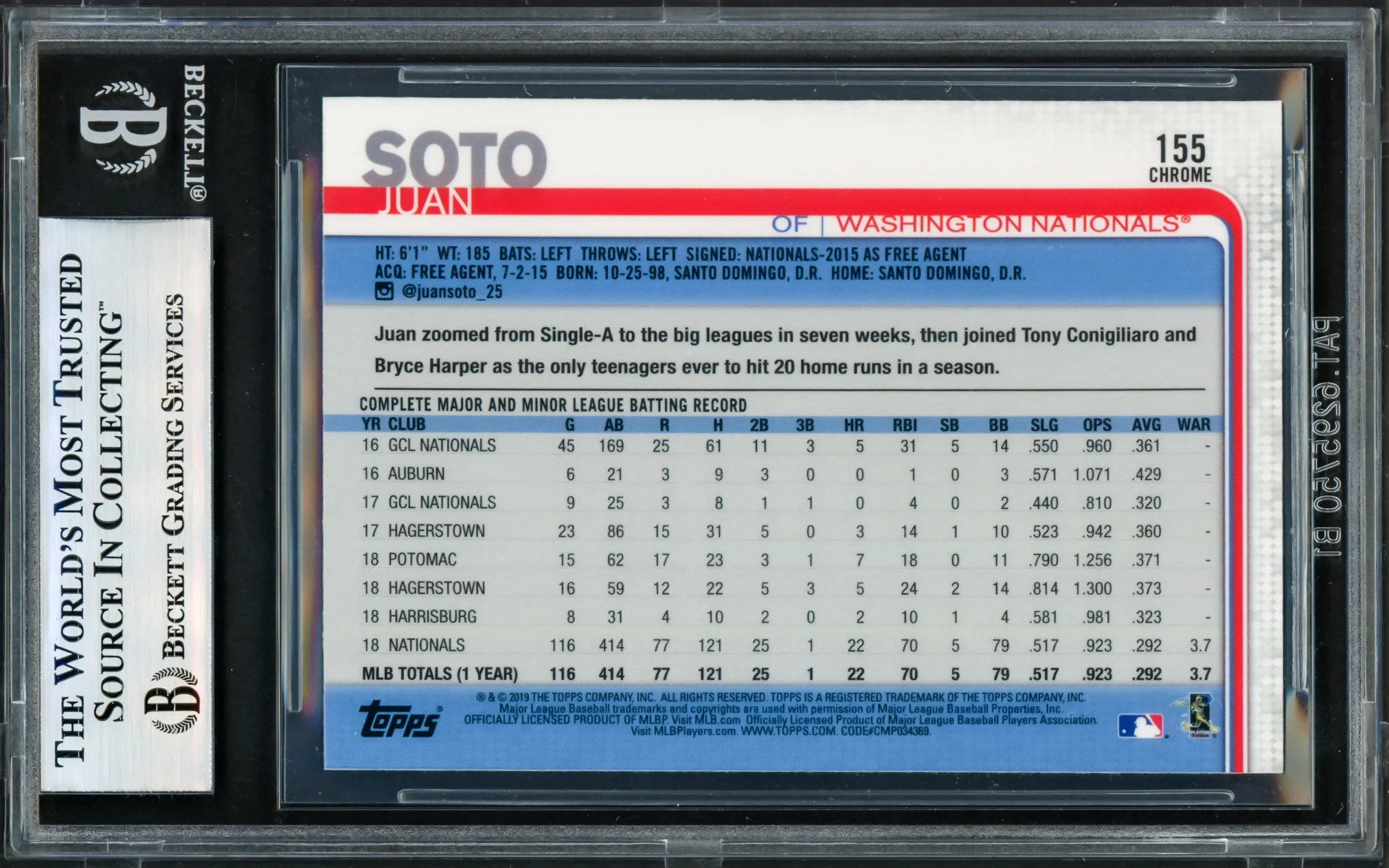 Juan Soto Autographed 2019 Topps Chrome Card #155 Washington Nationals Beckett BAS #17606447 - Image 2