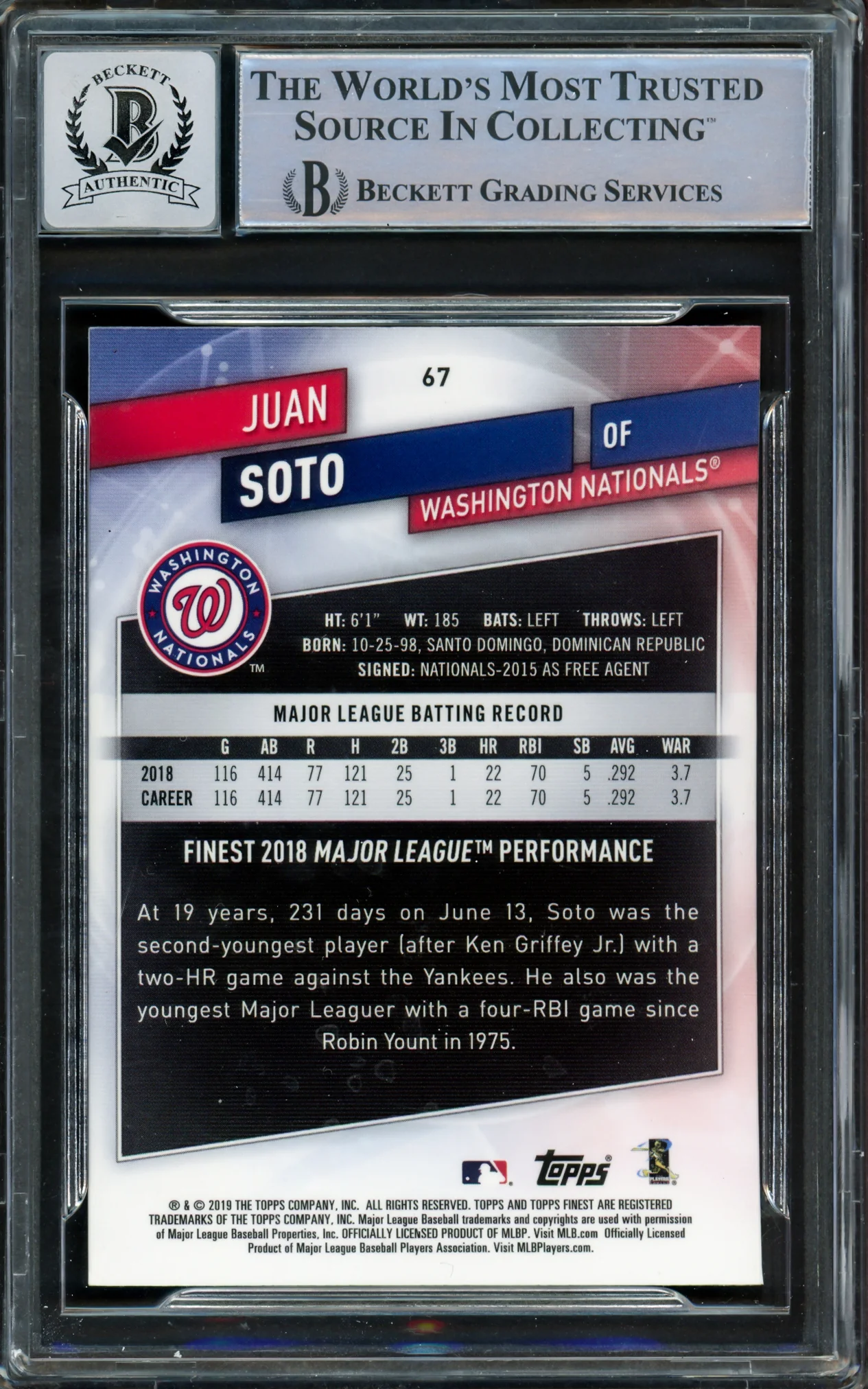 Juan Soto Autographed 2019 Topps Finest Card #67 New York Mets Auto Grade Gem Mint 10 Beckett BAS #15860303 - Image 2