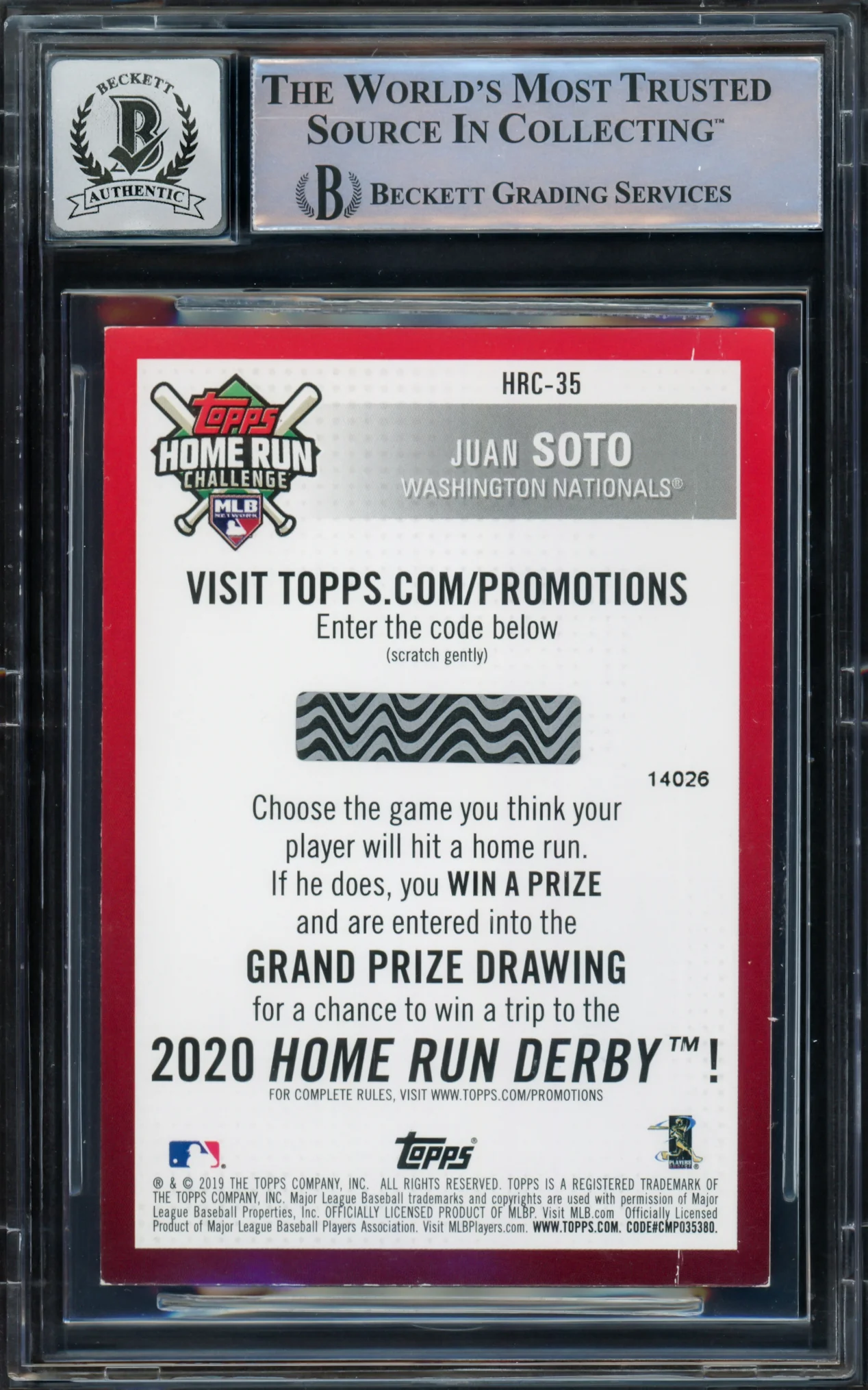 Juan Soto Autographed 2019 Topps Home Run Challenge Card #HRC35 New York Mets Auto Grade Gem Mint 10 Beckett BAS #16544368 - Image 2