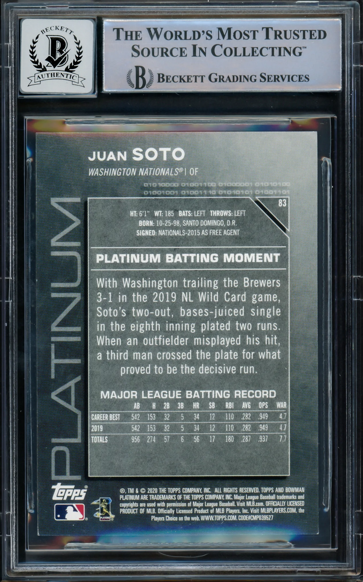 Juan Soto Autographed 2020 Bowman Platinum Card #83 New York Mets Auto Grade Gem Mint 10 Beckett BAS #15773809 - Image 2