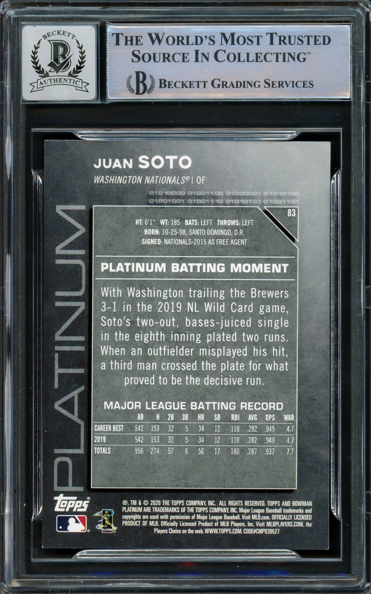 Juan Soto Autographed 2020 Bowman Platinum Card #83 New York Mets Auto Grade Gem Mint 10 Beckett BAS #15860391 - Image 2