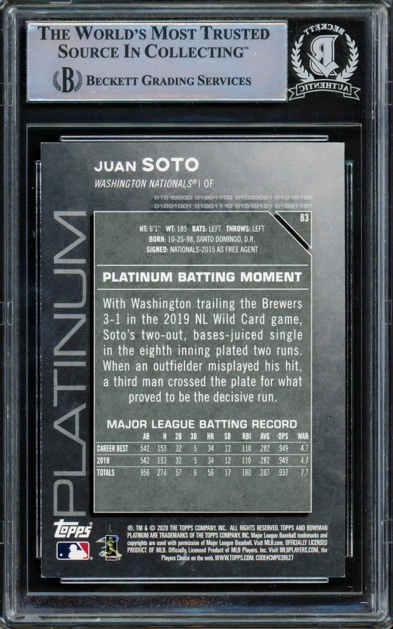 Juan Soto Autographed 2020 Bowman Platinum Card #83 New York Mets Beckett BAS #15781577 - Image 2
