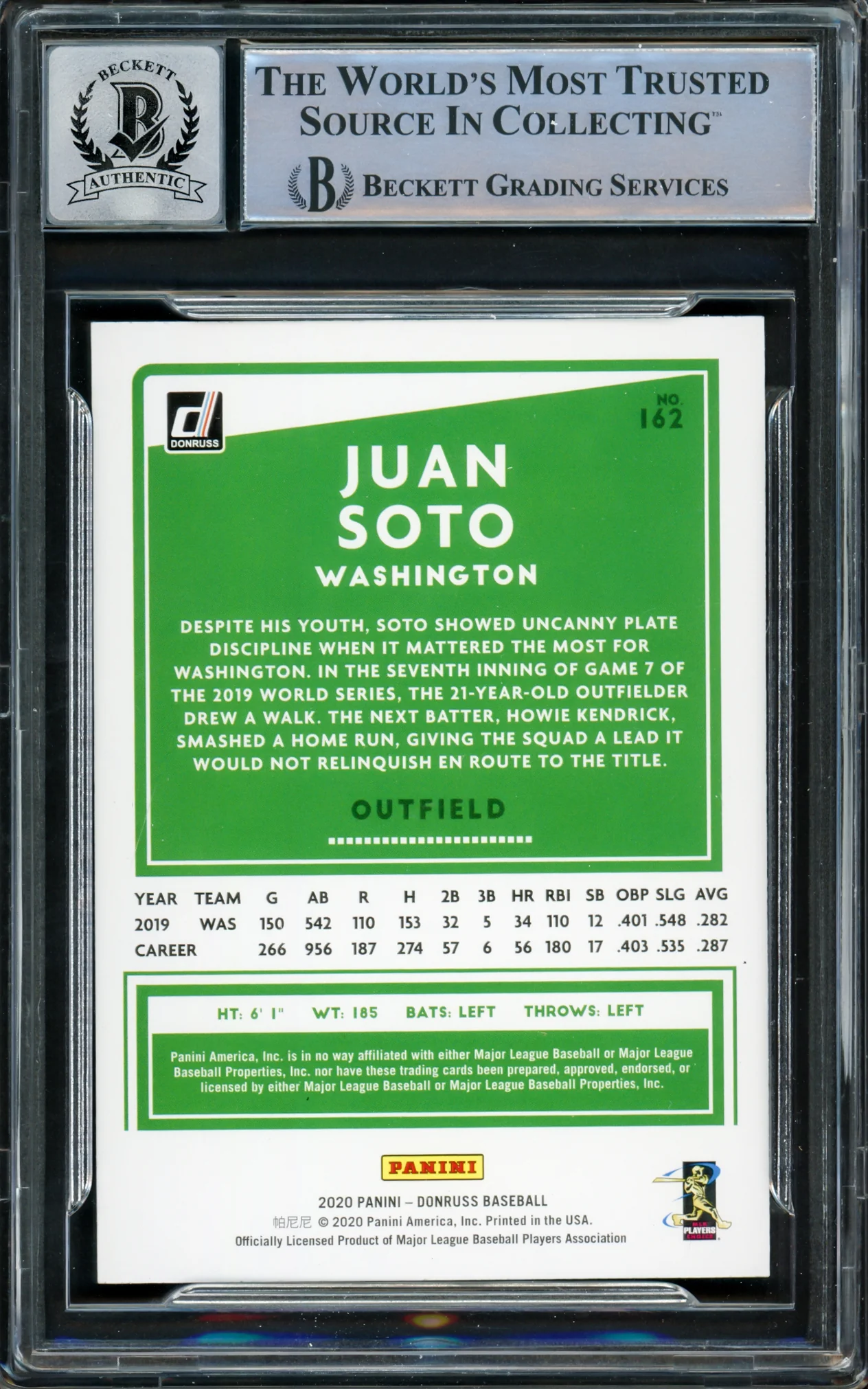 Juan Soto Autographed 2020 Donruss Card #162 New York Mets Auto Grade Gem Mint 10 Beckett BAS #15860393 - Image 2