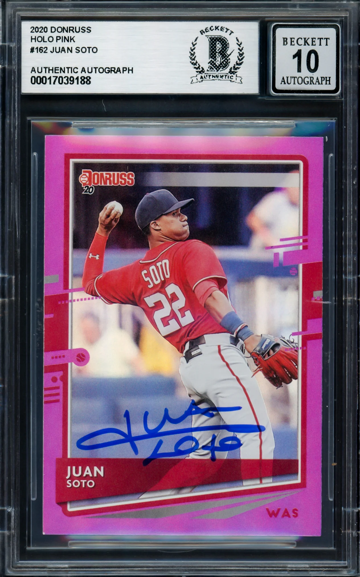 Juan Soto Autographed 2020 Donruss Holo Pink Card #162 New York Mets Auto Grade Gem Mint 10 Beckett BAS #17039188 - Image 3