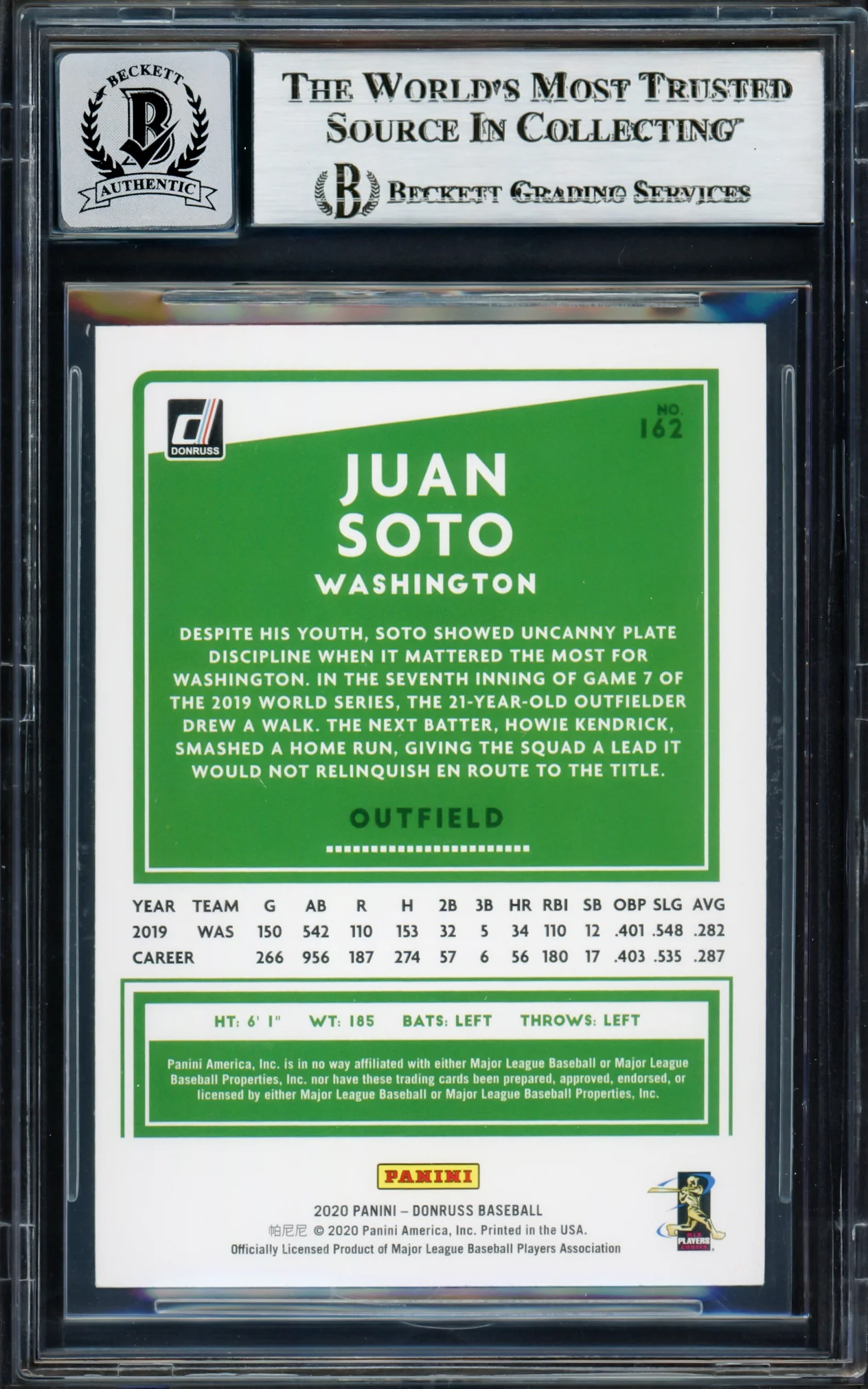 Juan Soto Autographed 2020 Donruss Holo Pink Card #162 New York Mets Auto Grade Gem Mint 10 Beckett BAS #17039188 - Image 4