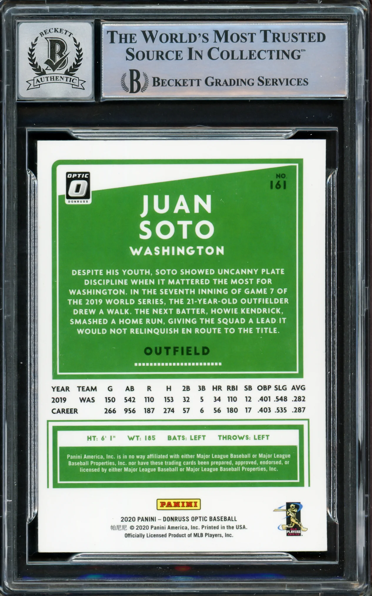 Juan Soto Autographed 2020 Donruss Optic Card #161 New York Mets Auto Grade Gem Mint 10 Beckett BAS #15860395 - Image 2
