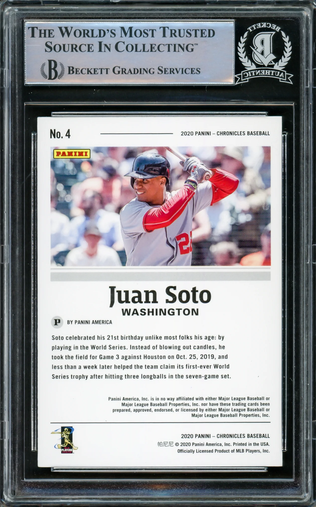 Juan Soto Autographed 2020 Panini Chronicles Card #4 New York Mets Beckett BAS #15866916 - Image 2