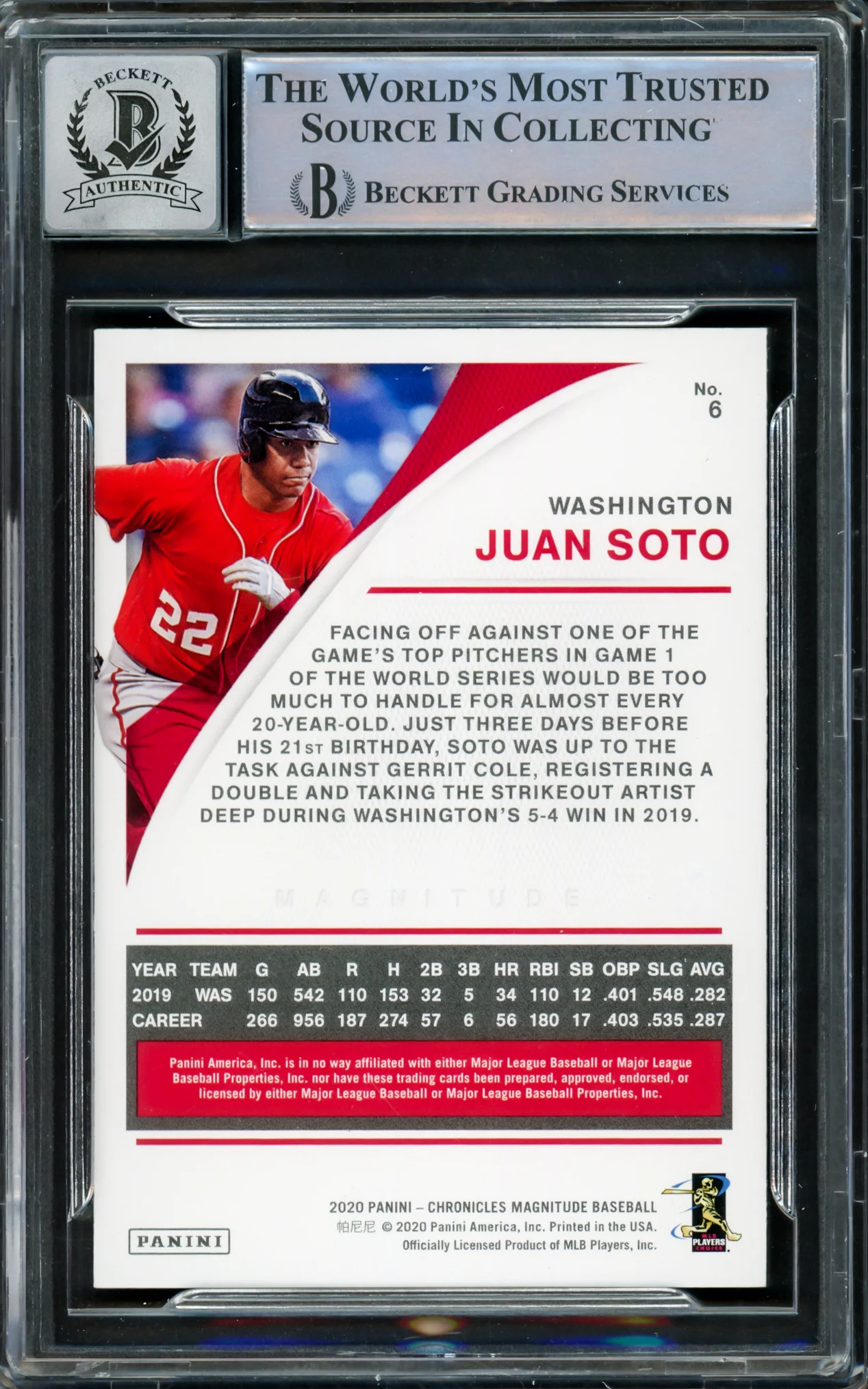 Juan Soto Autographed 2020 Panini Magnitude Card #6 New York Mets Auto Grade Gem Mint 10 Beckett BAS #15860398 - Image 2