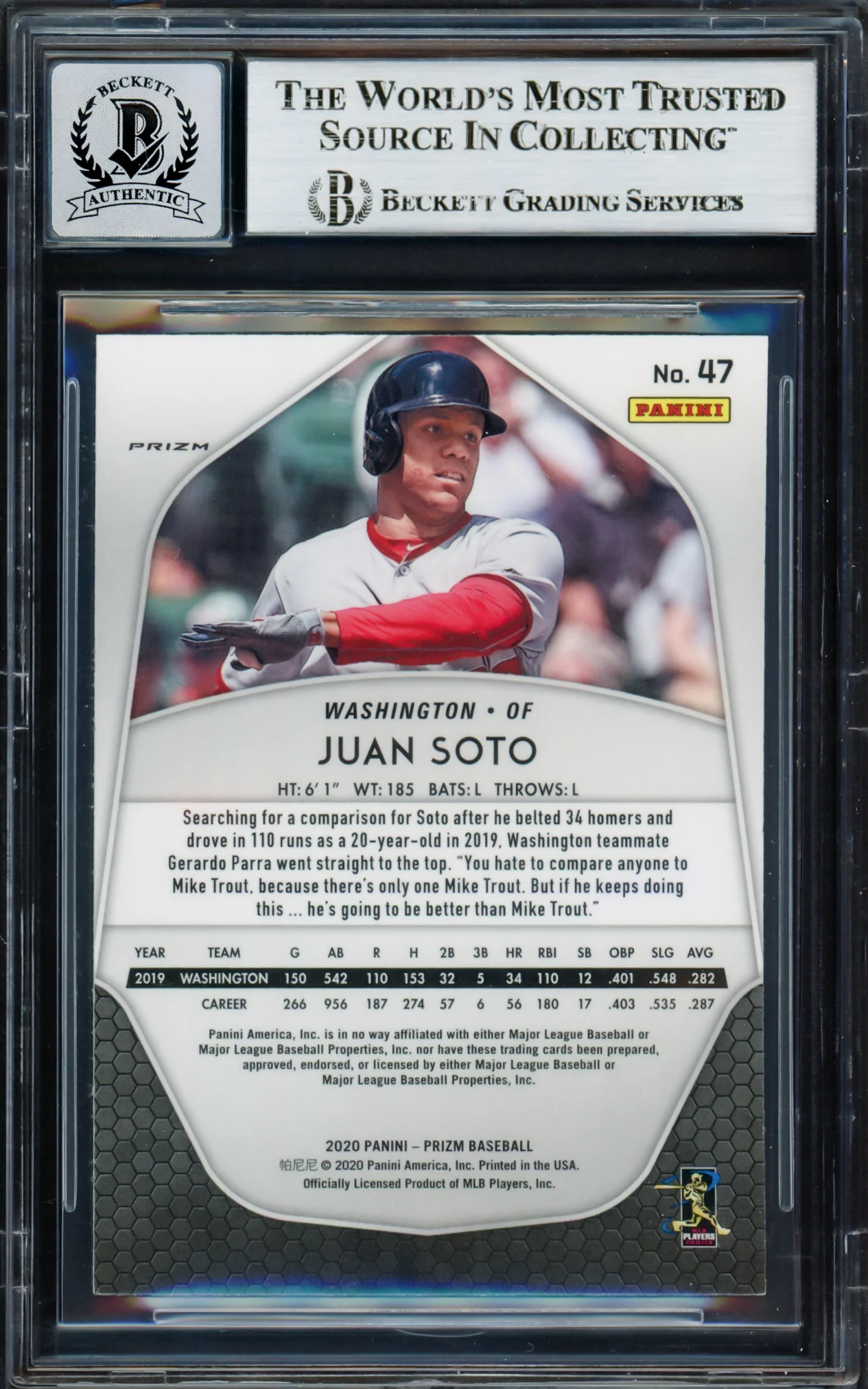 Juan Soto Autographed 2020 Panini Prizm Carolina Blue Card #47 New York Mets Auto Grade Gem Mint 10 Beckett BAS #17039191 - Image 2