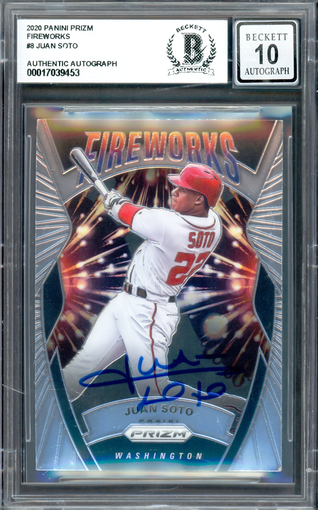 Juan Soto Autographed 2020 Panini Prizm Fireworks Card #F8 New York Mets Auto Grade Gem Mint 10 Beckett BAS #17039453 - Image 3