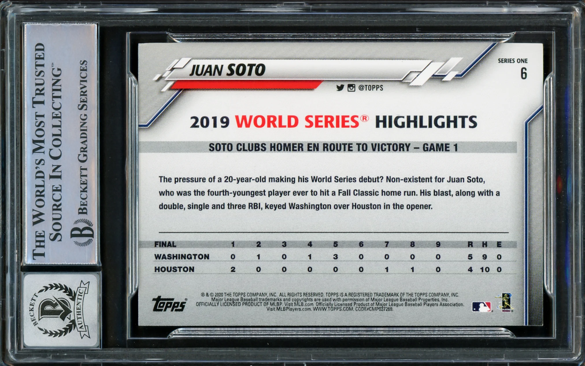Juan Soto Autographed 2020 Topps Card #6 New York Mets Auto Grade Gem Mint 10 Beckett BAS Stock #218669 - Image 2