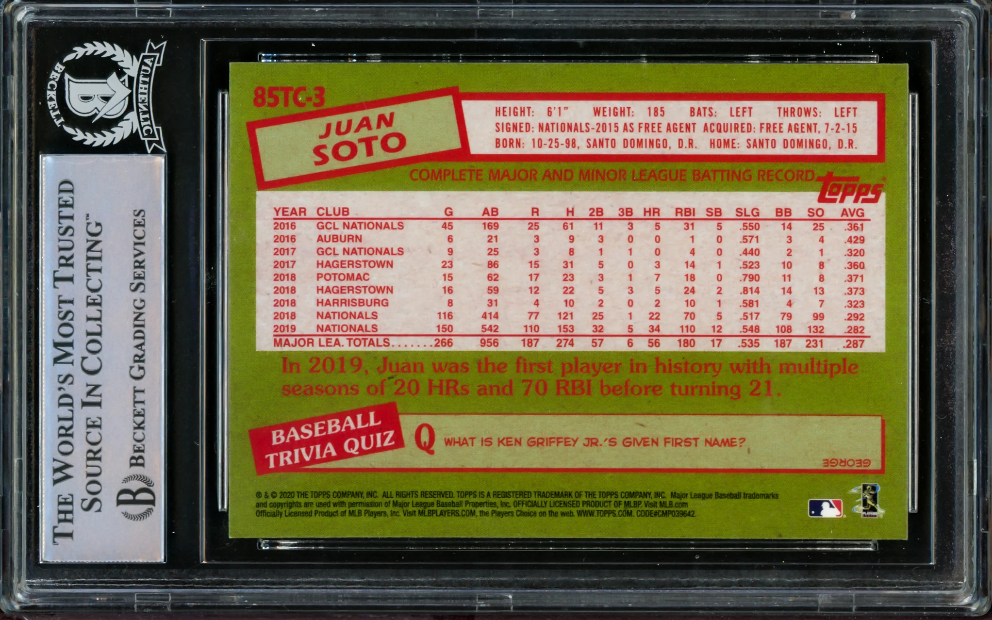 Juan Soto Autographed 2020 Topps Chrome Refractor 1985 Card #85TC-3 New York Mets Beckett BAS #14231630 - Image 2
