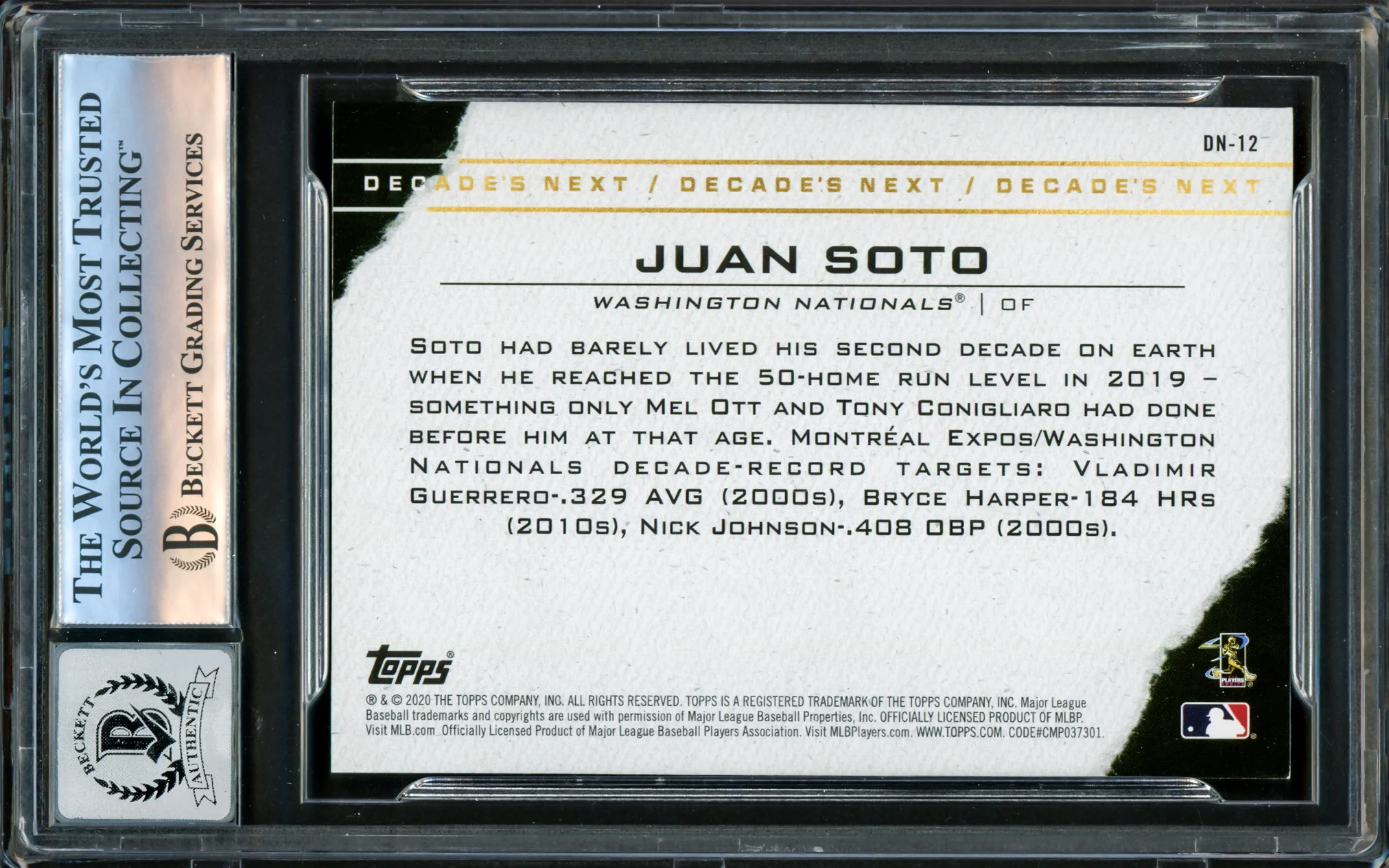 Juan Soto Autographed 2020 Topps Decade's Next Card #DN-12 New York Mets Auto Grade Gem Mint 10 Beckett BAS #16172676 - Image 2